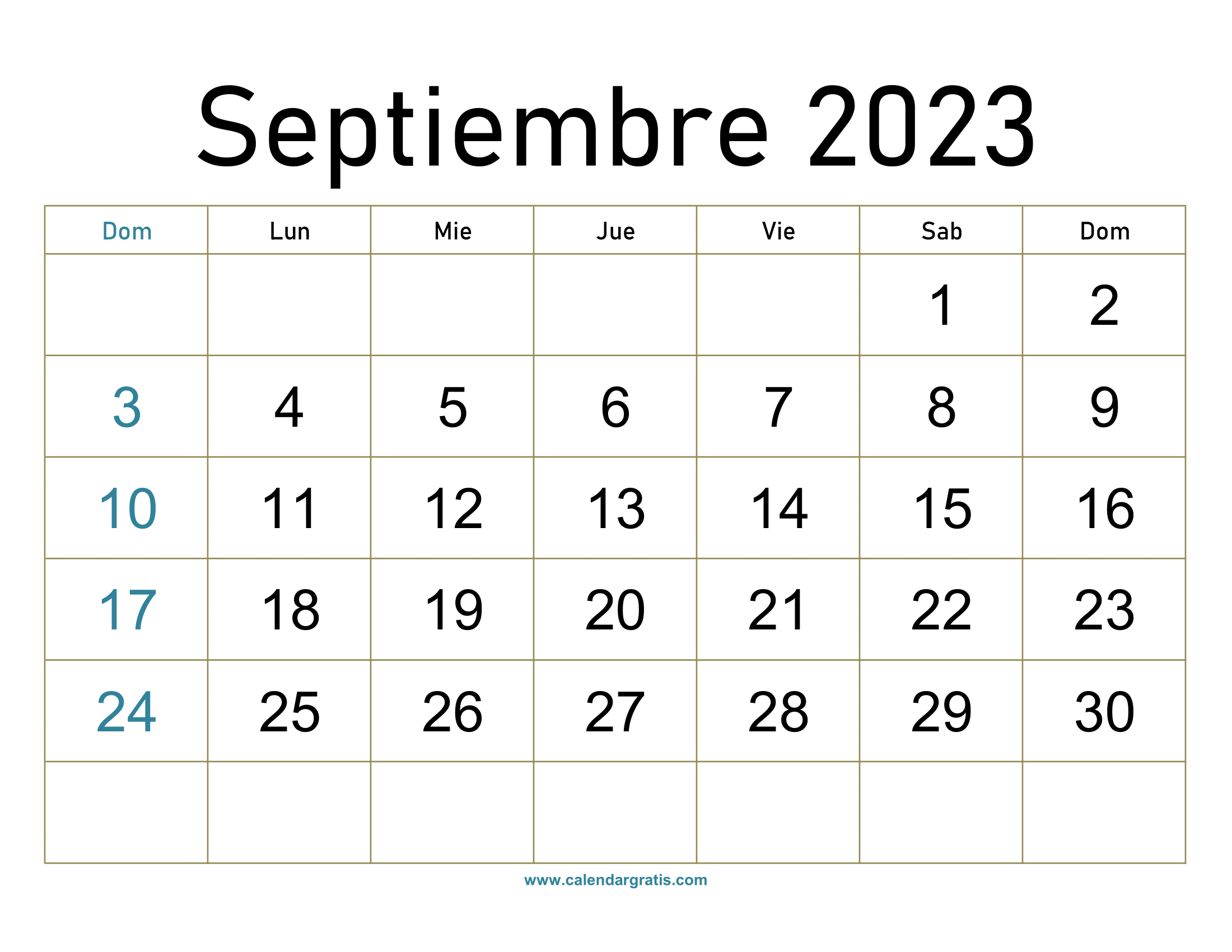 Calendario para imprimir septiembre 2023