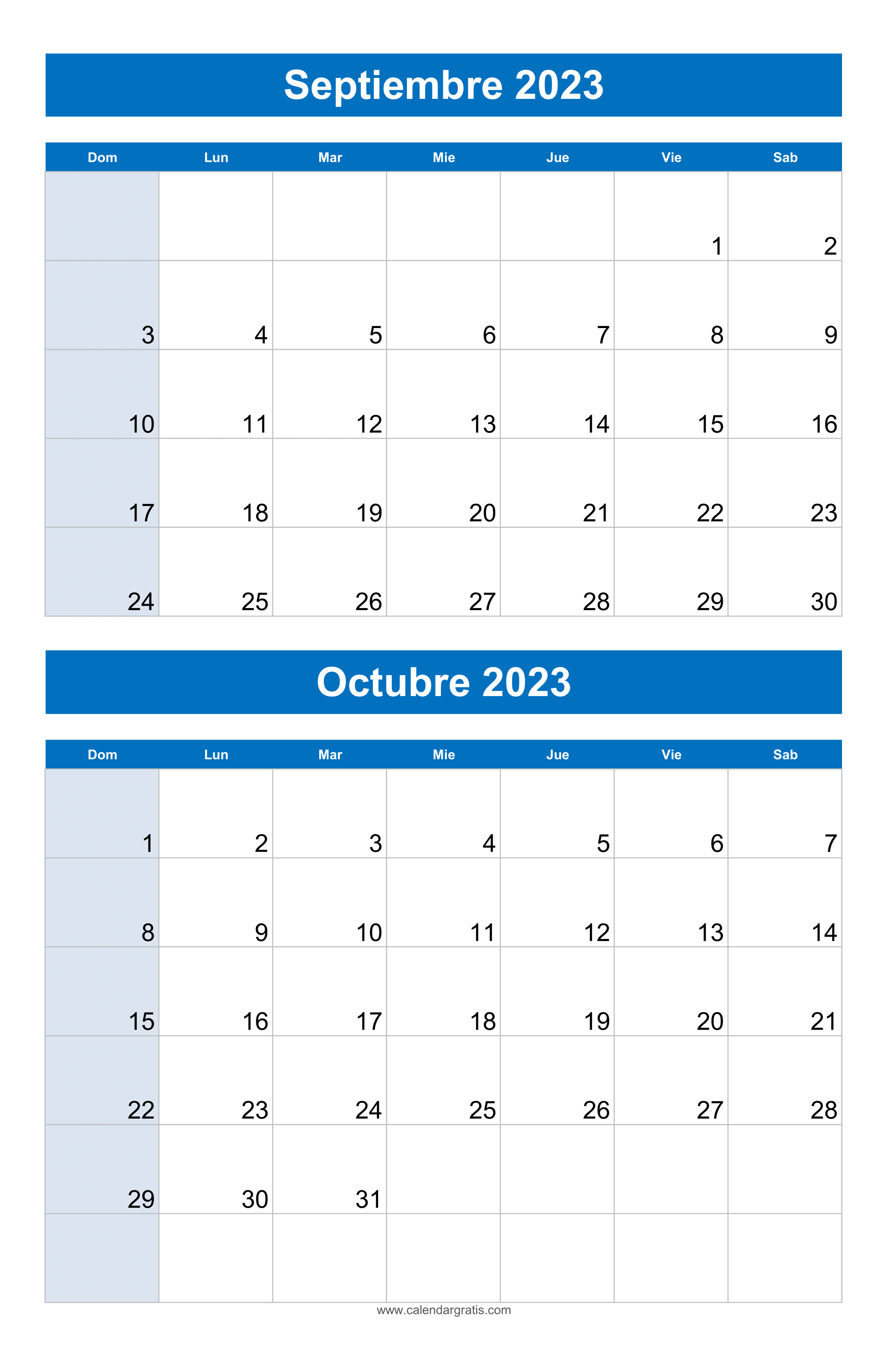 Imagen de 'Calendario Septiembre Octubre 2023' listo para imprimir, destacando en diseño vibrante y colorido con todos los días del mes claramente marcados.
