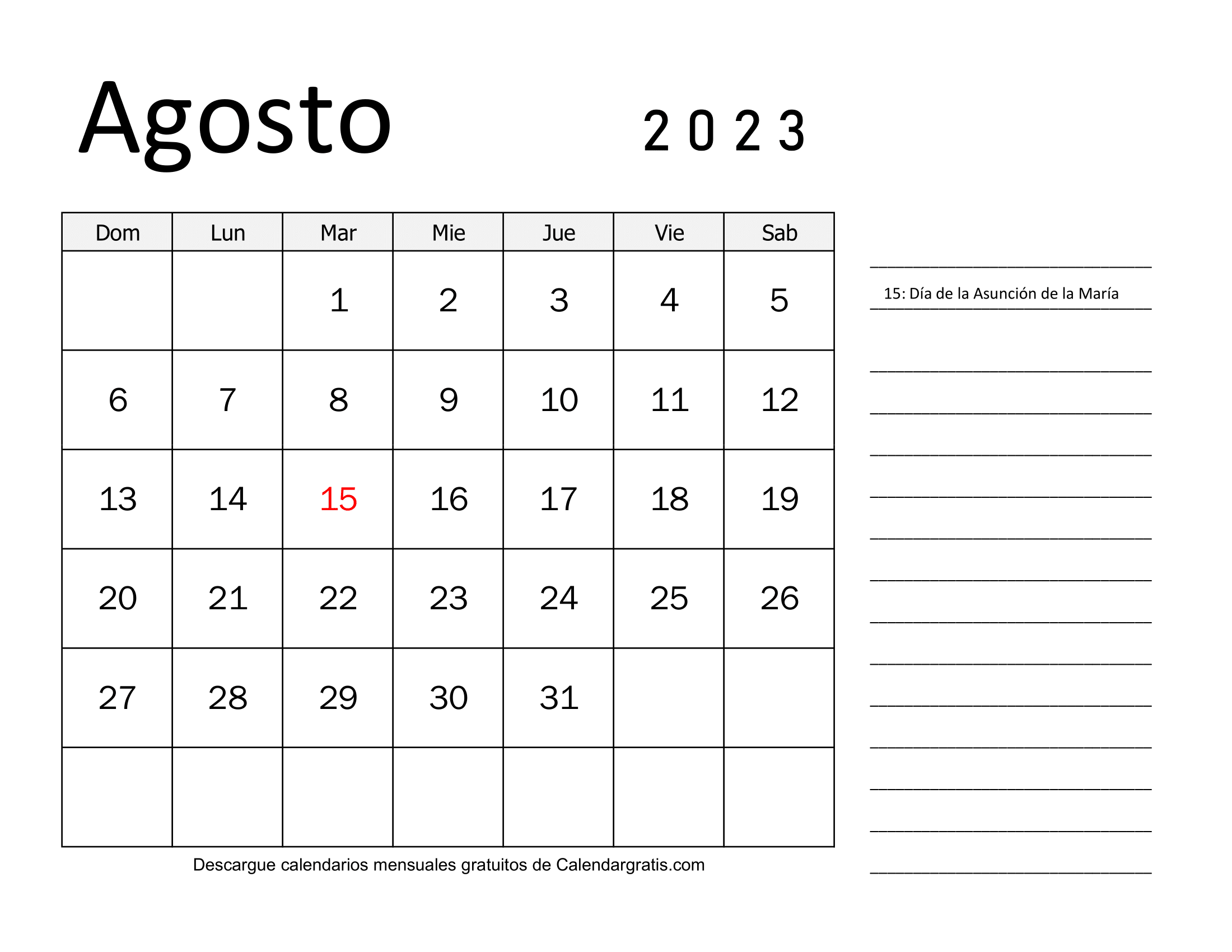 Calendario imprimible de Calendario agosto 2023 con festivos España