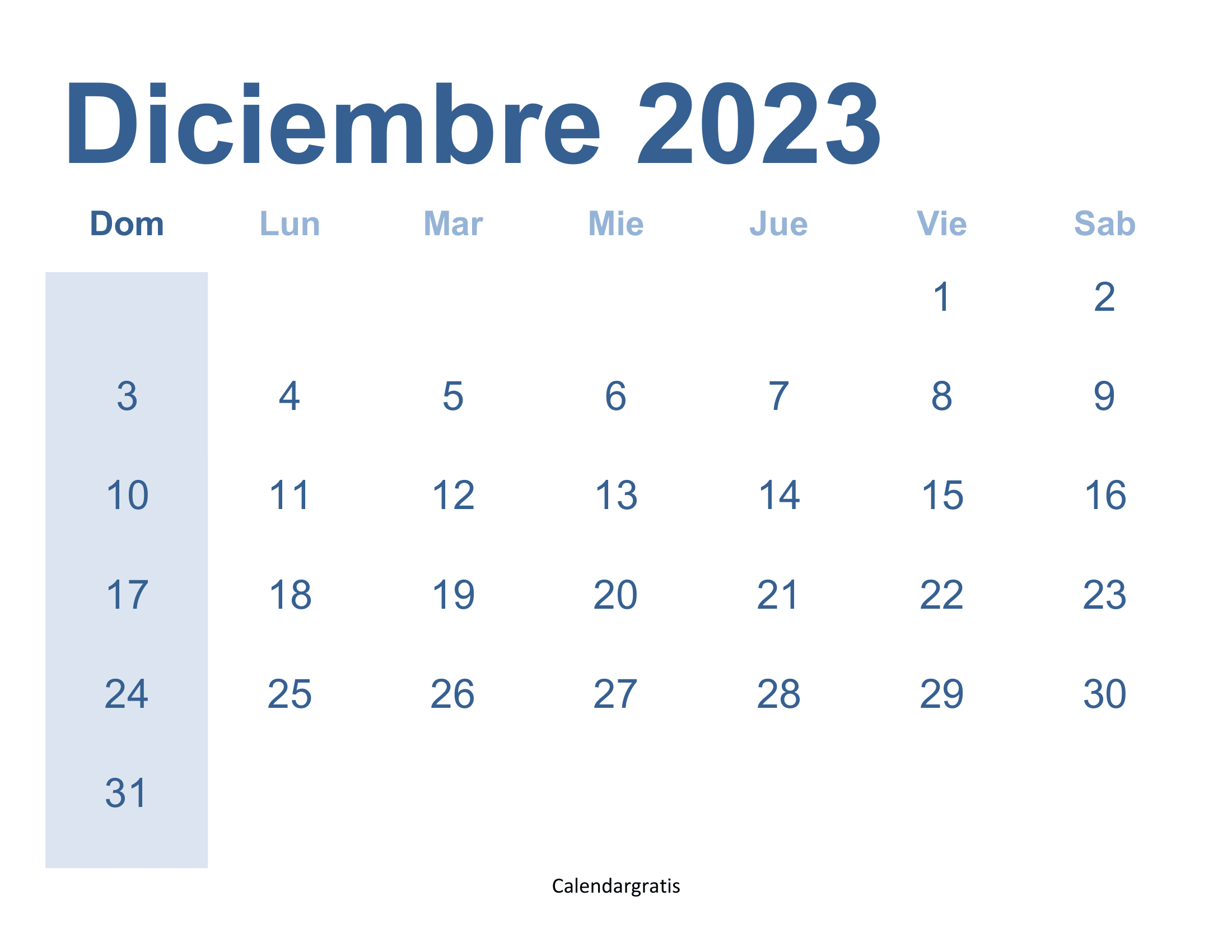 Calendario imprimible diciembre 2023 para imprimir en formato imagenes