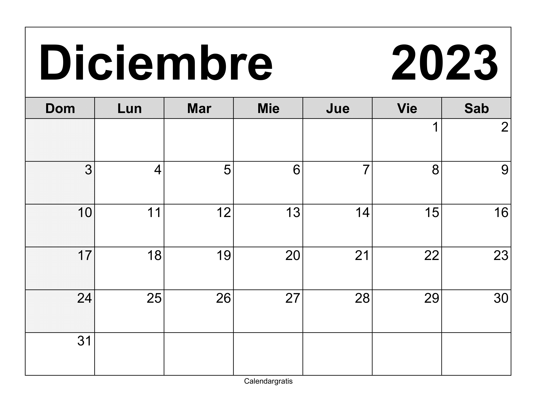 Descarga tu calendario diciembre 2023 para imprimir