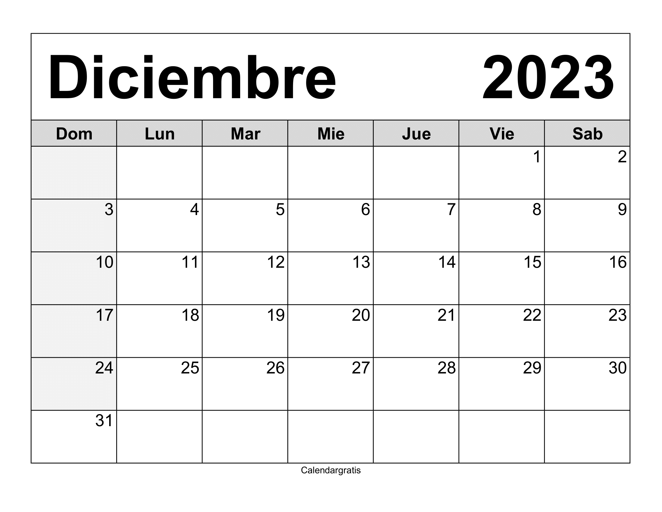 Calendario mensual diciembre 2023 para imprimir