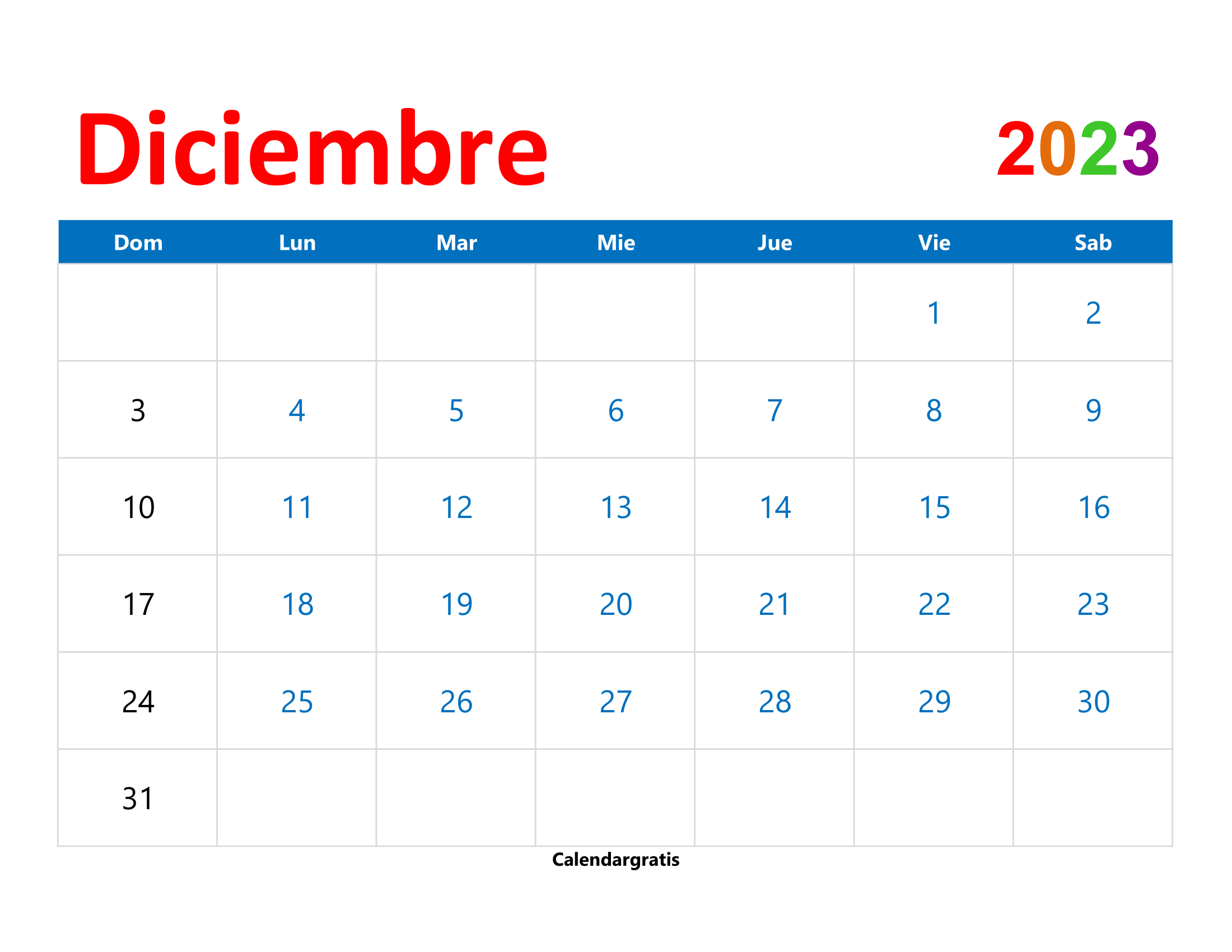 Calendario mensual de diciembre 2023 listo para imprimir