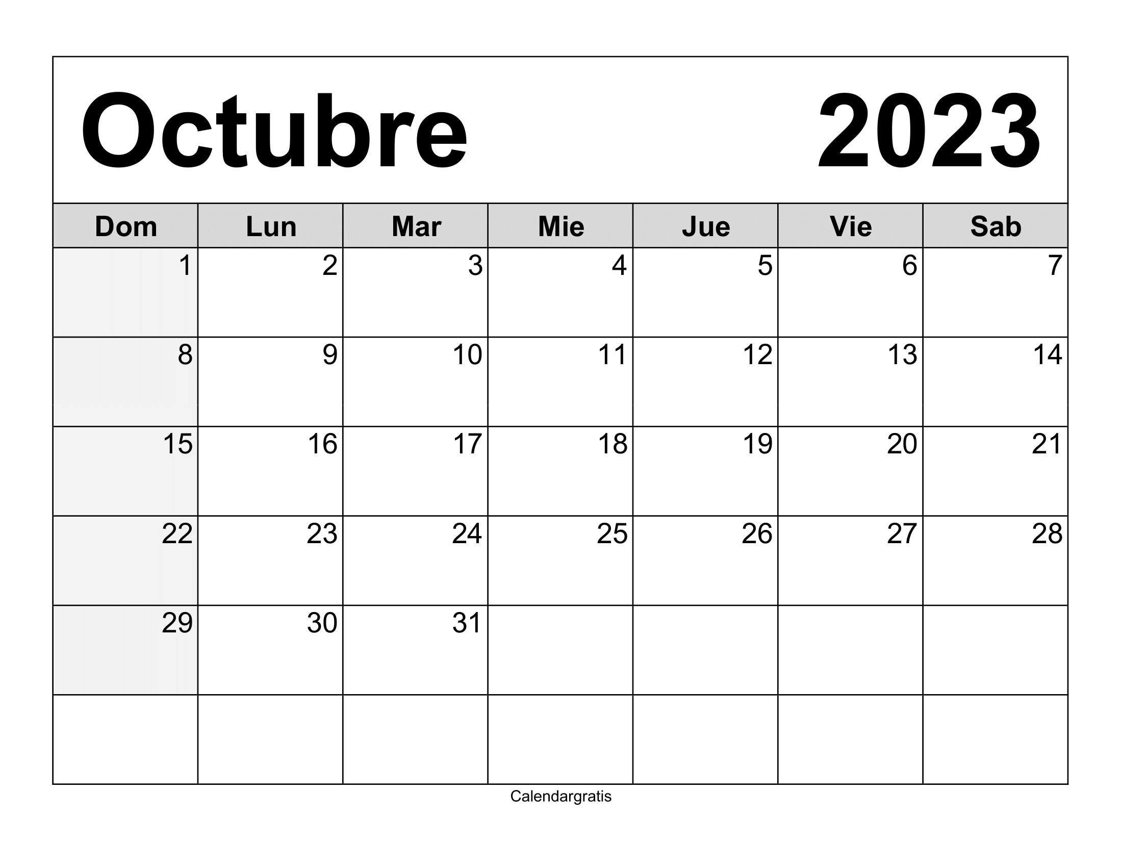 Calendario vacío de calendario octubre 2023 para imprimir y completar