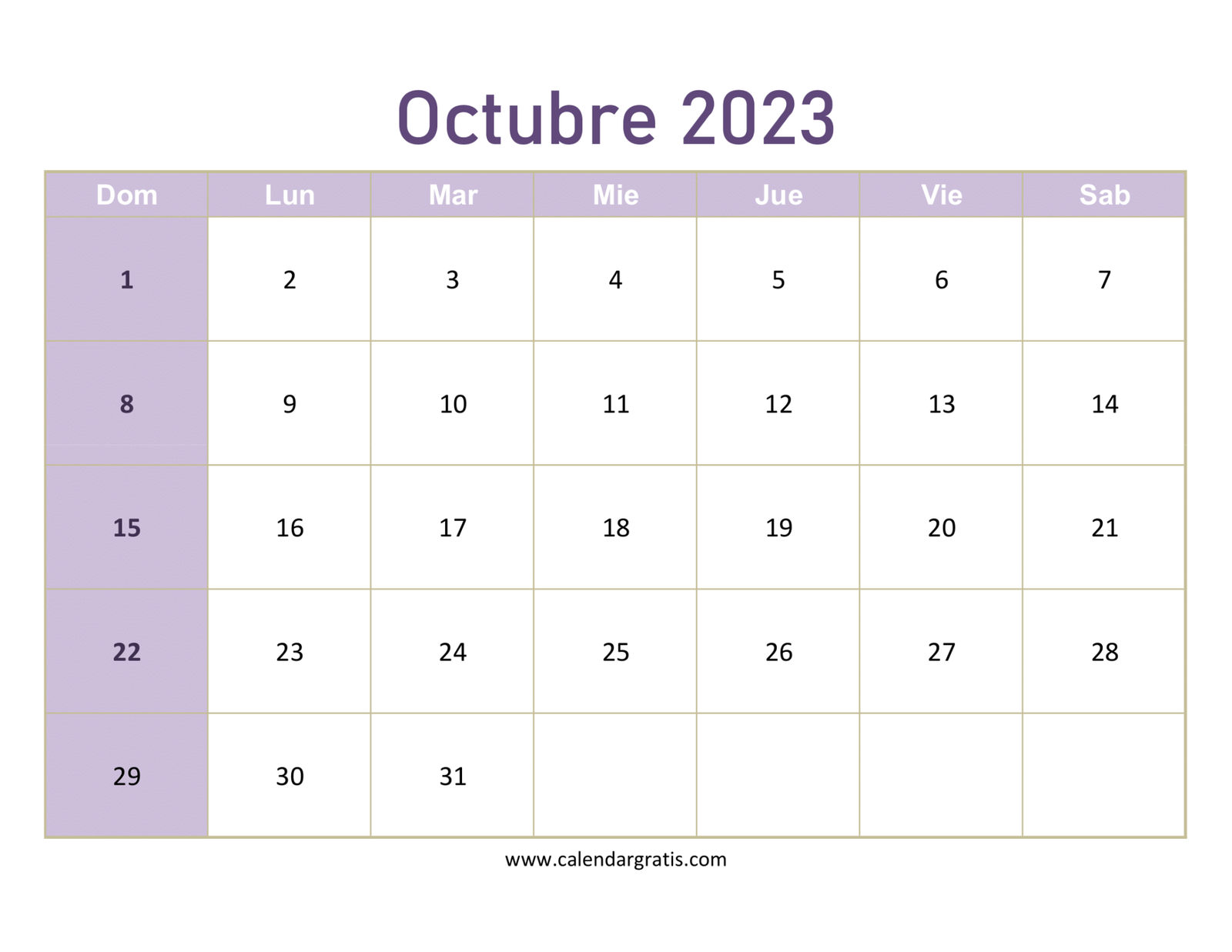 Calendario Octubre 2023 Para Imprimir | Calendar Gratis