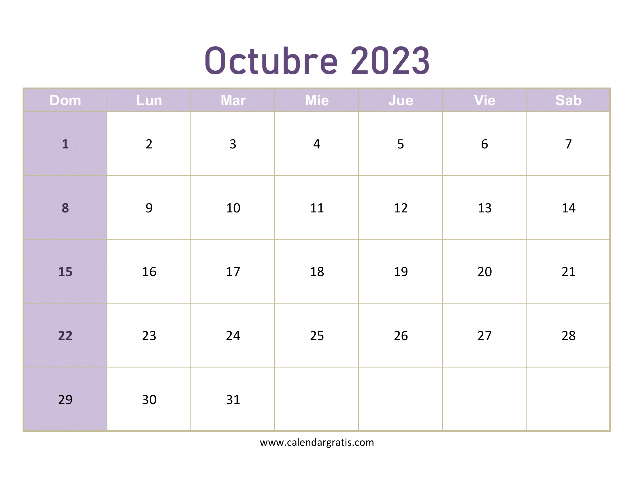 calendario octubre 2023 para imprimir - ¡Planifica tu mes!