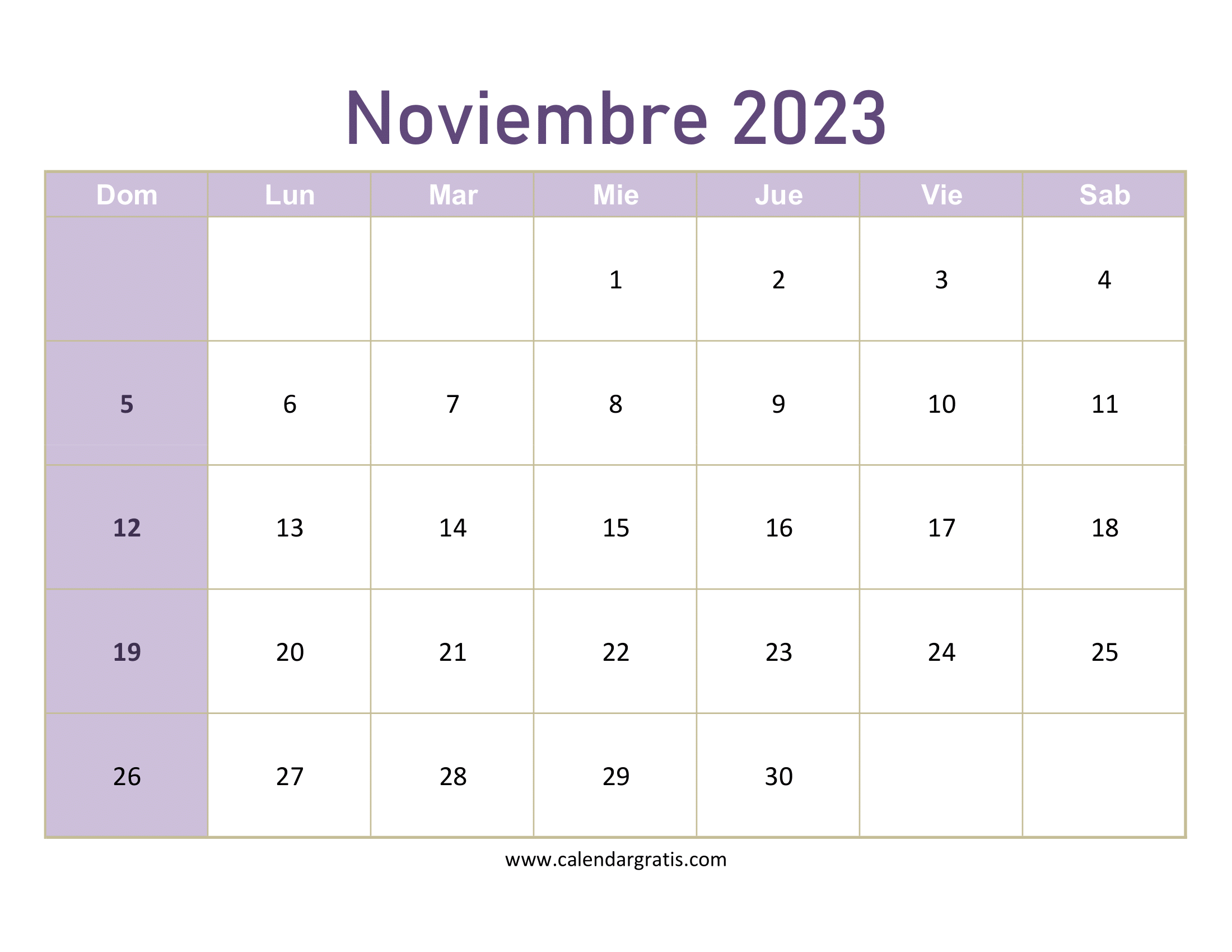 Calendario 2023 noviembre para imprimir