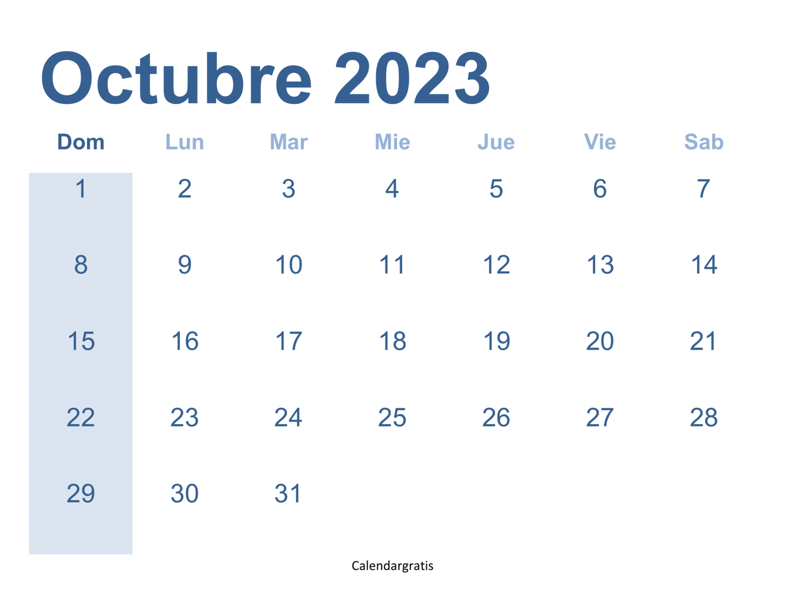 Calendario Octubre 2023 Para Imprimir | Calendar Gratis