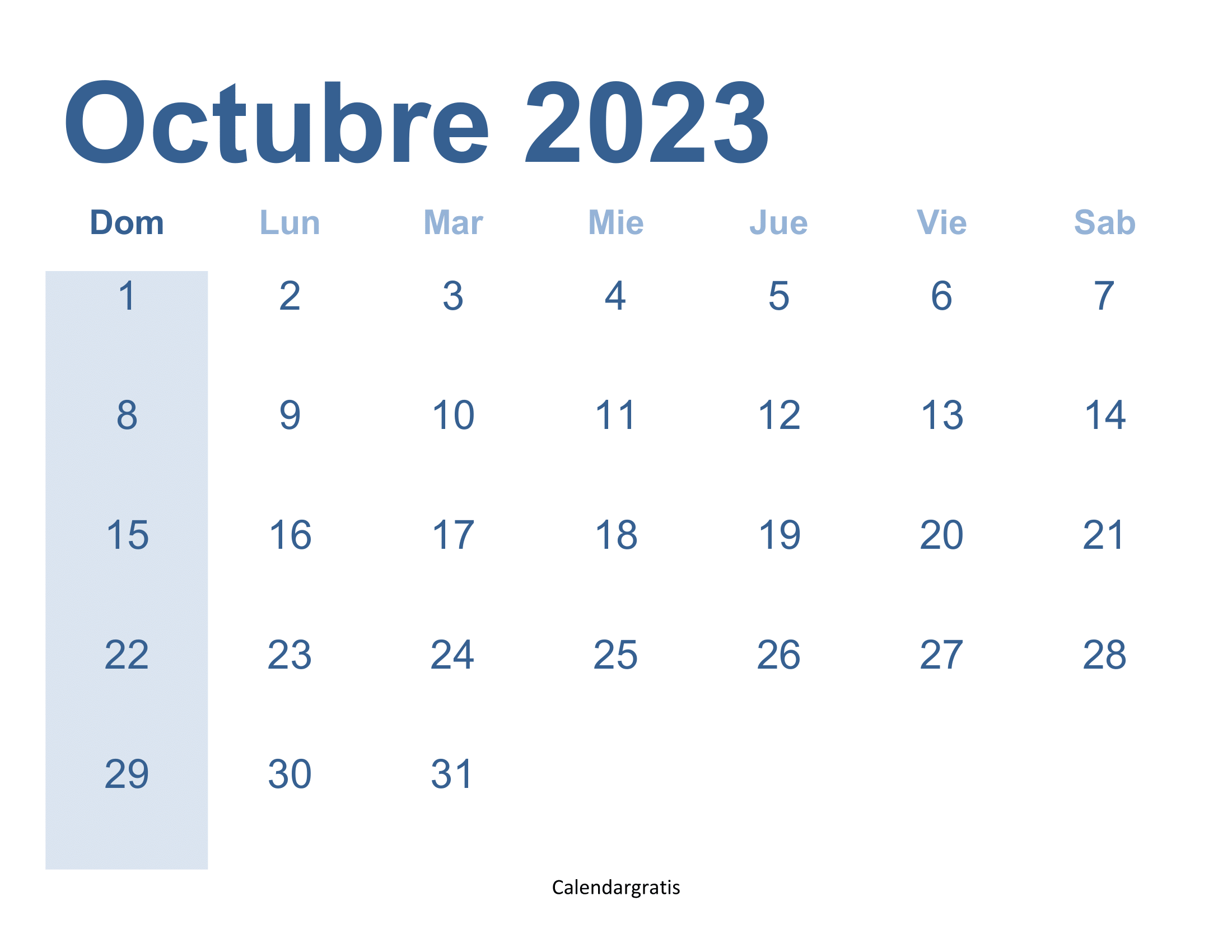 Imprime tu calendario octubre 2023 para imprimir