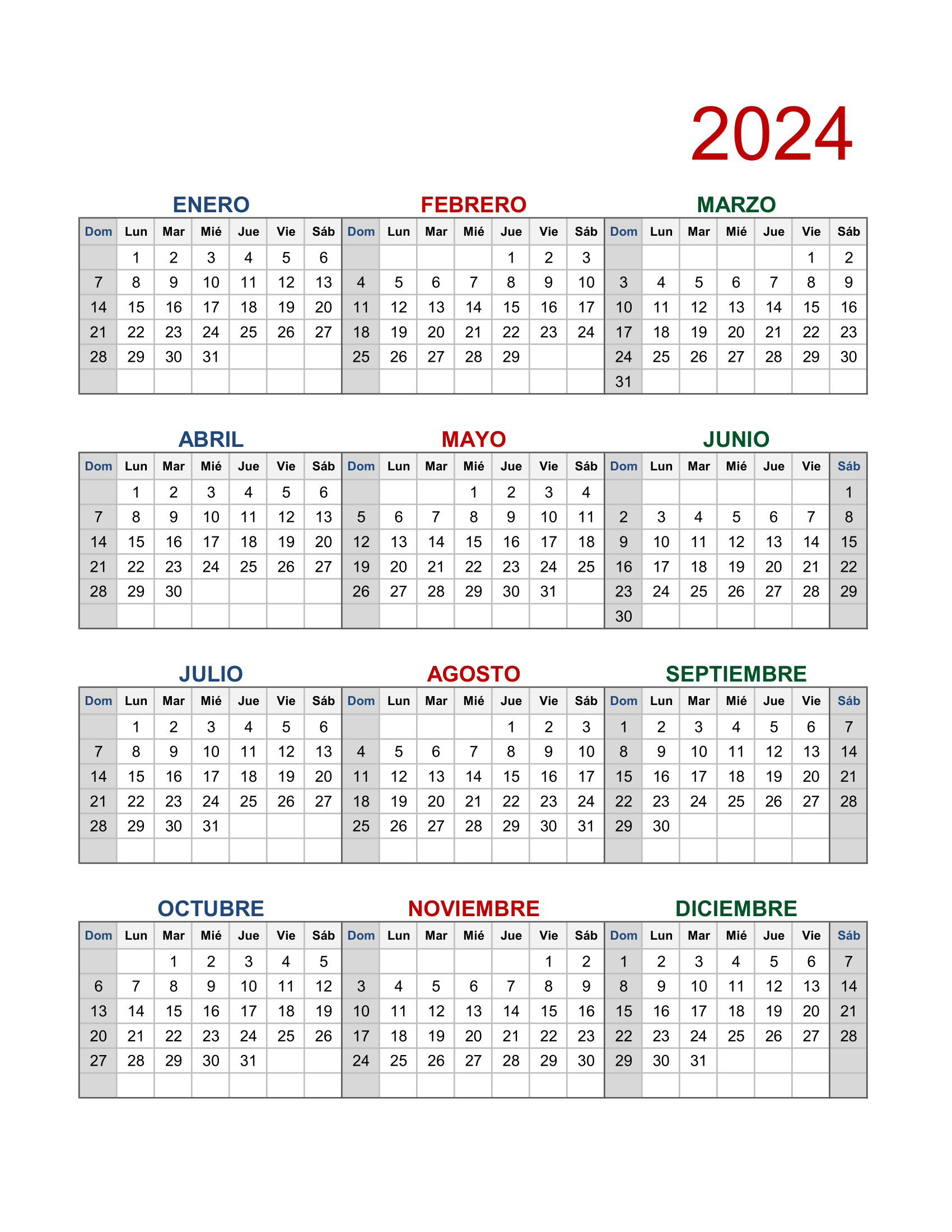 La imagen muestra un calendario 2024 para imprimir en formato de imagen