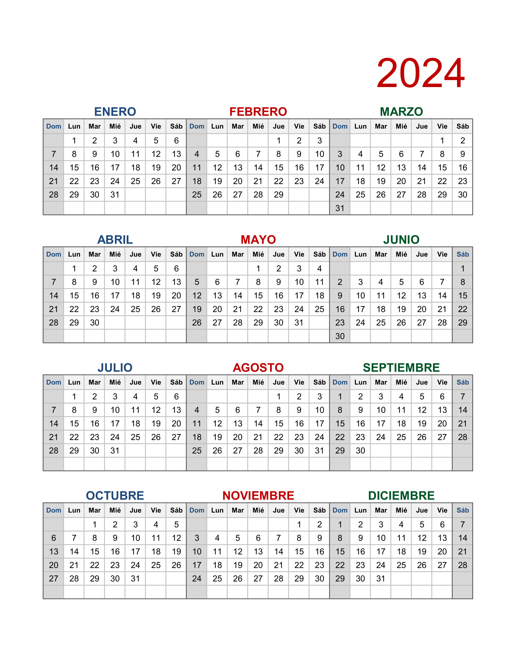 Calendario Anual 2024 Para Imprimir