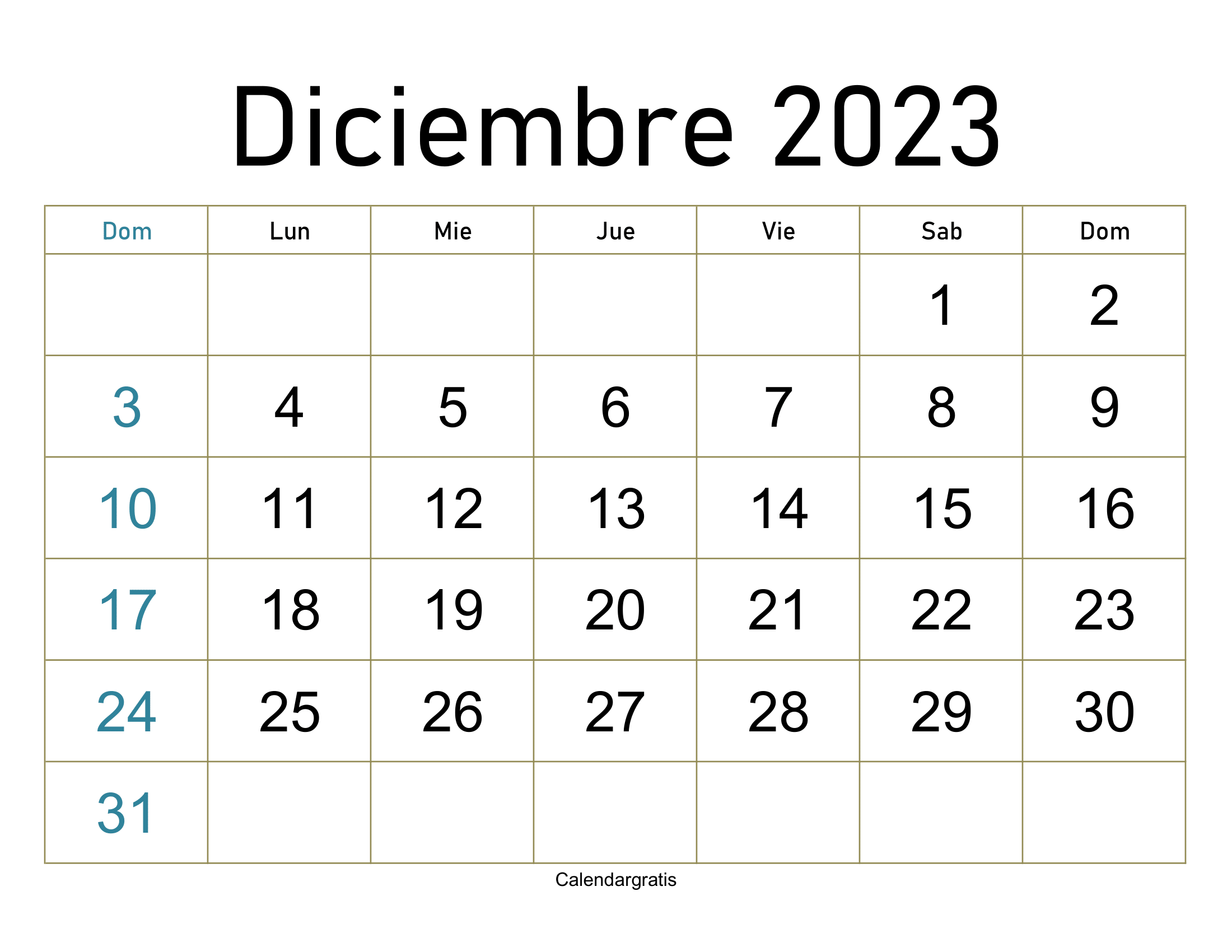 Calendario mensual diciembre 2023 para imprimir