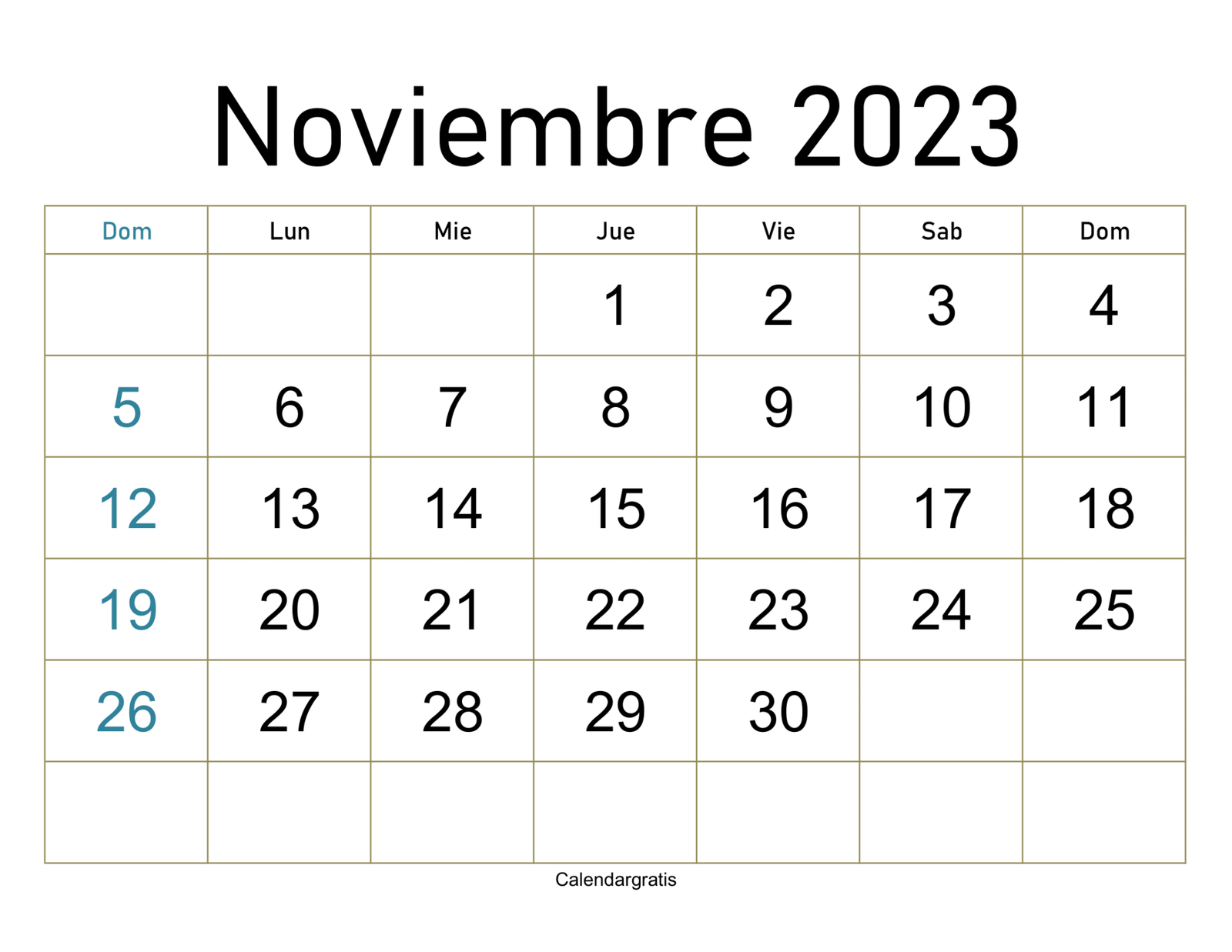 Calendario Noviembre 2023 Para Imprimir gratis