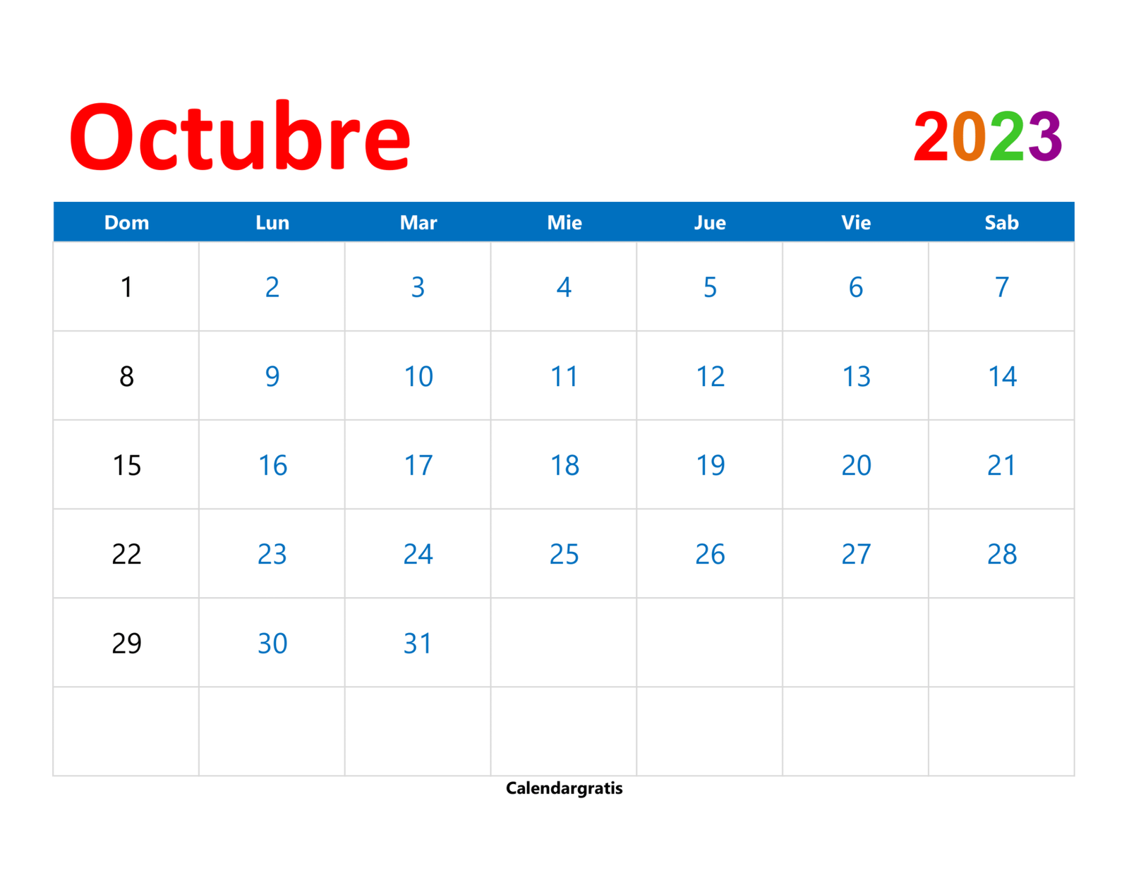 Calendario Octubre 2023 Para Imprimir | Calendar Gratis