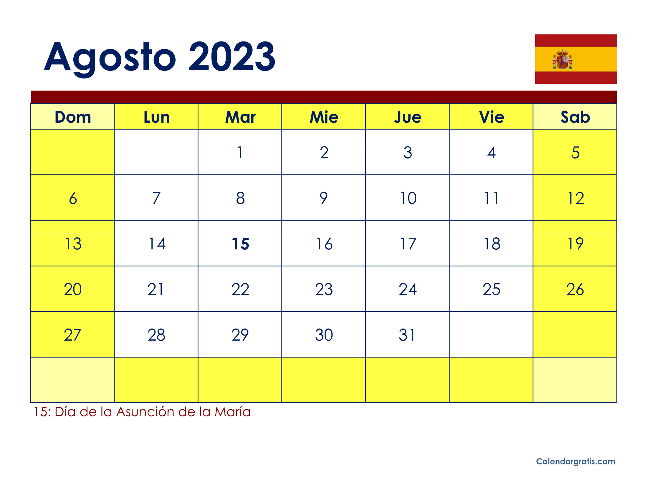 Imagen de un Calendario agosto 2023 con festivos España