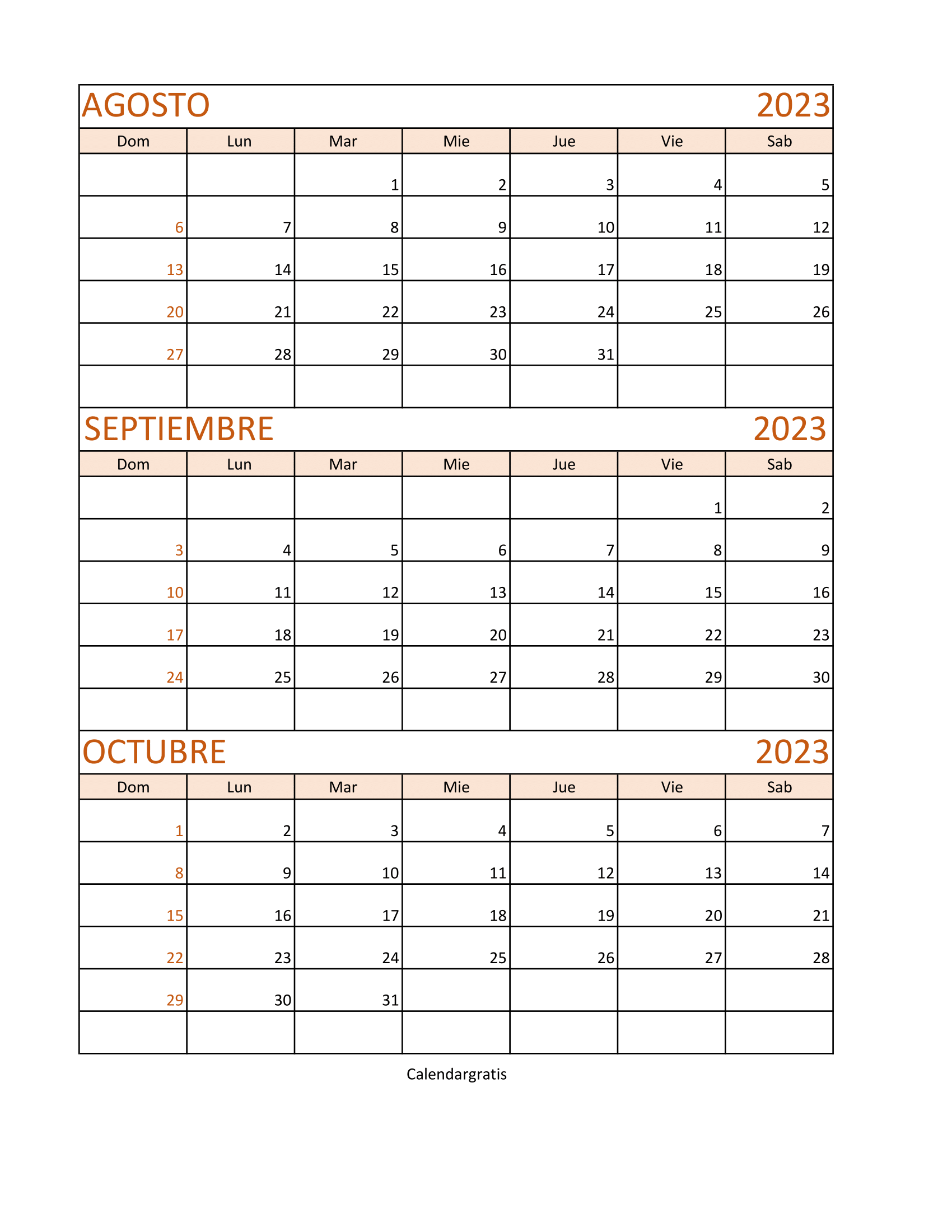 Imprime el calendario Agosto, Septiembre, Octubre 2023 completo