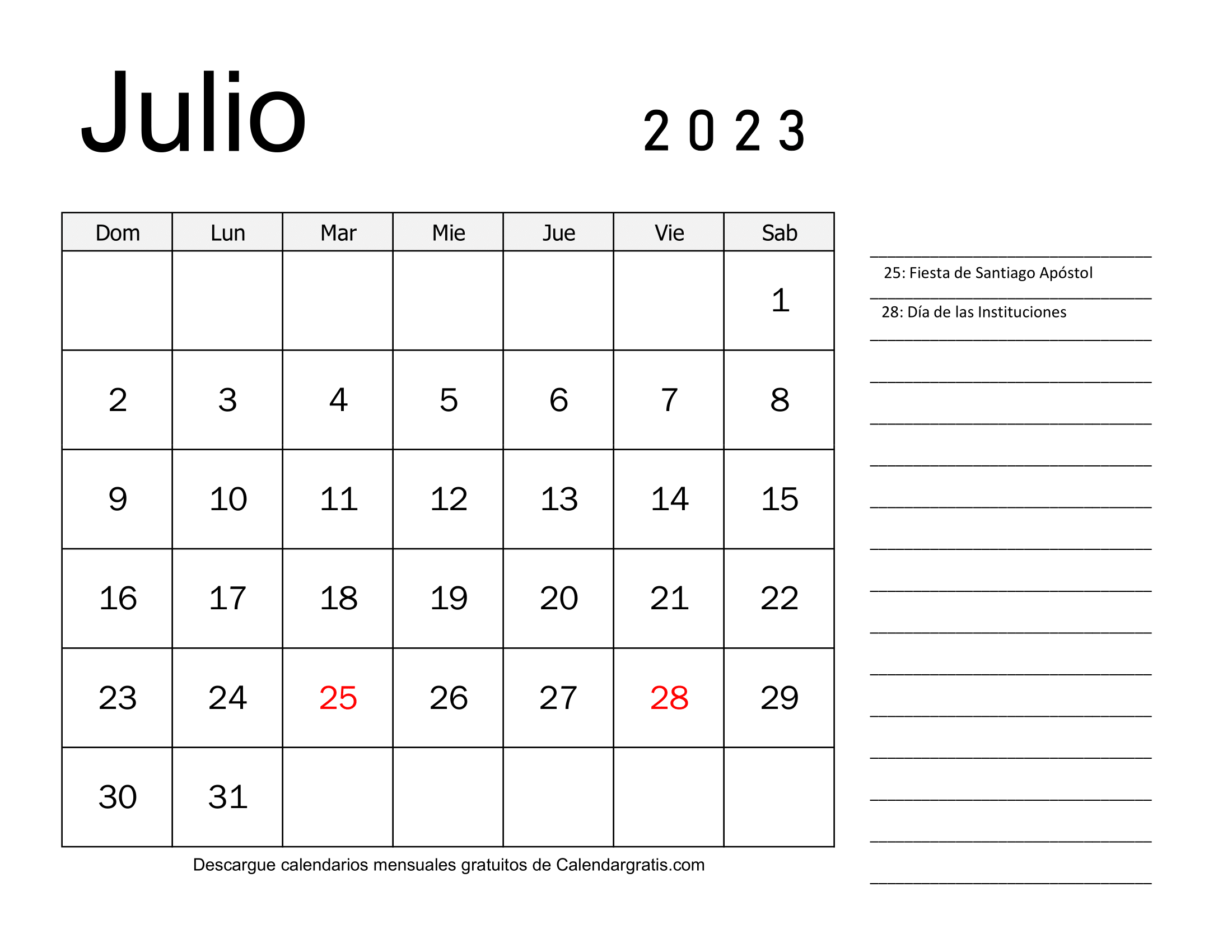 Descargar Calendario Julio 2023 Con Festivos