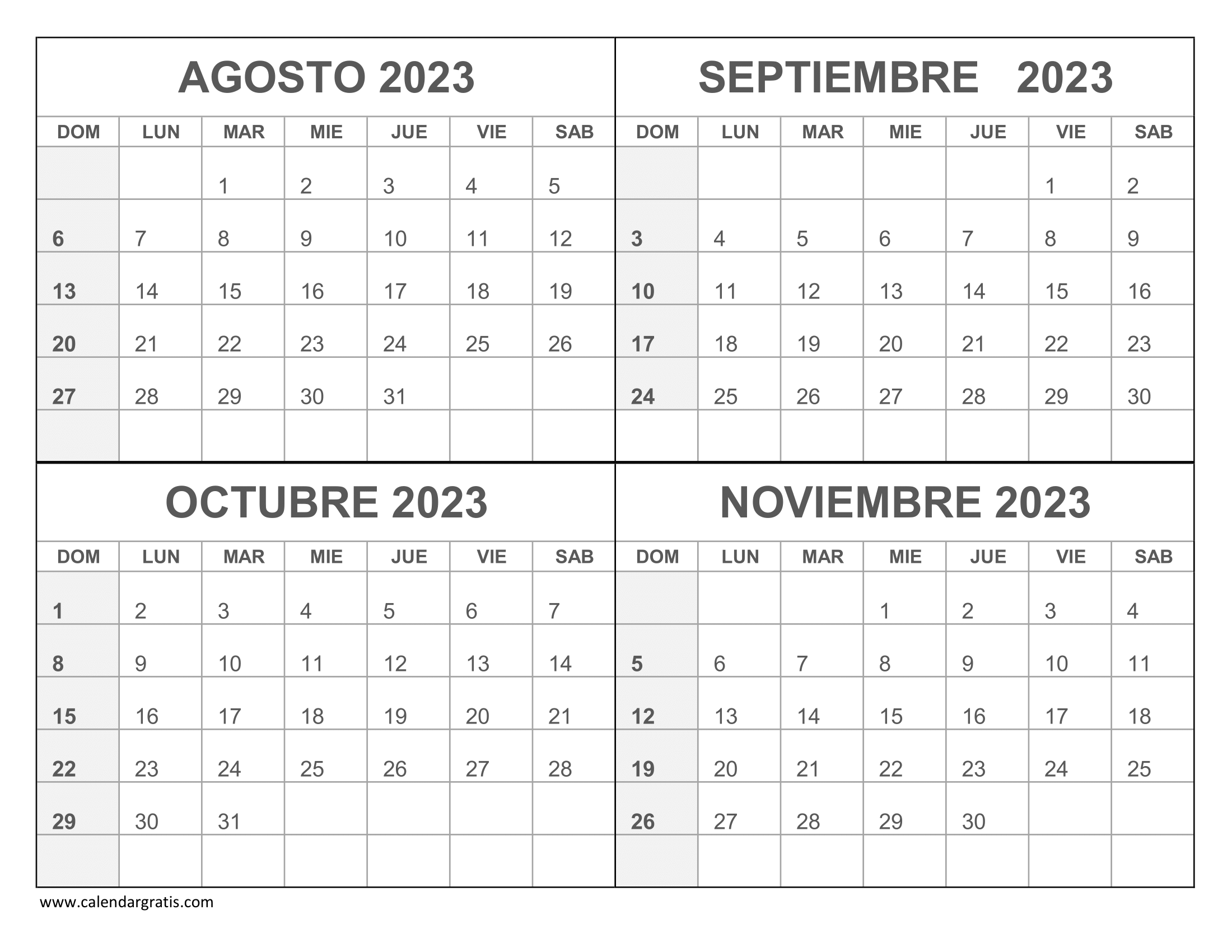 Planificador mensual para calendario Agosto, Septiembre, Octubre,  Noviembre 2023