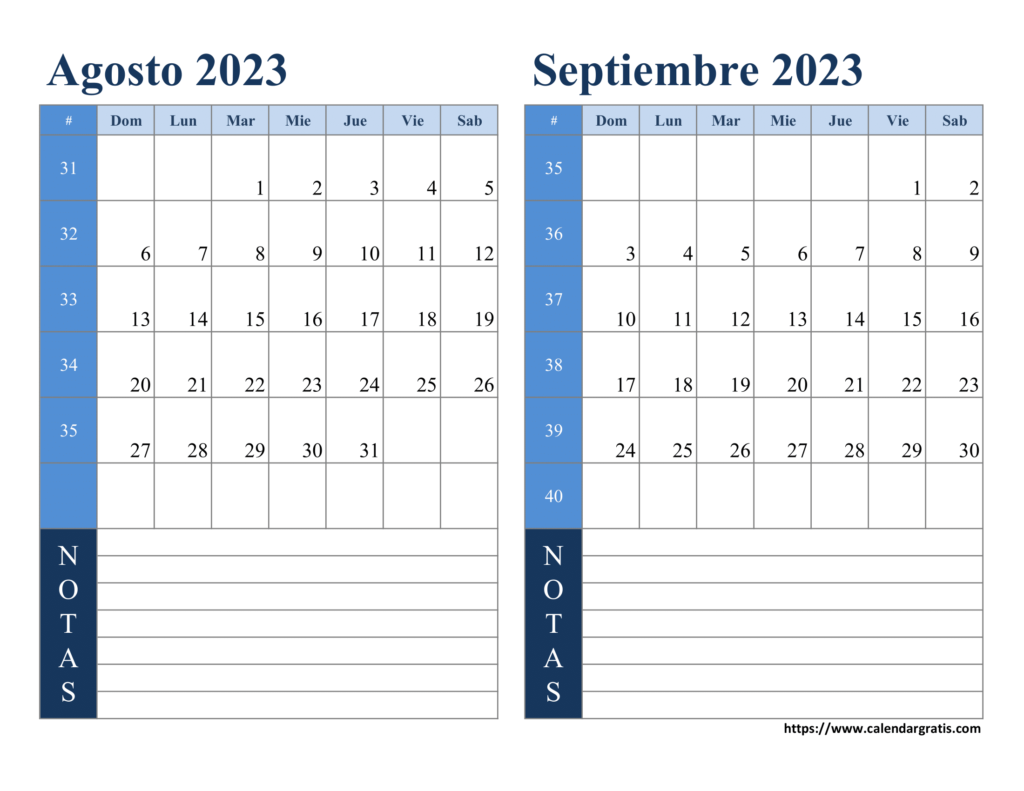 Planifica tus actividades con nuestro de dos meses en calendario  Agosto Septiembre 2023 para imprimir