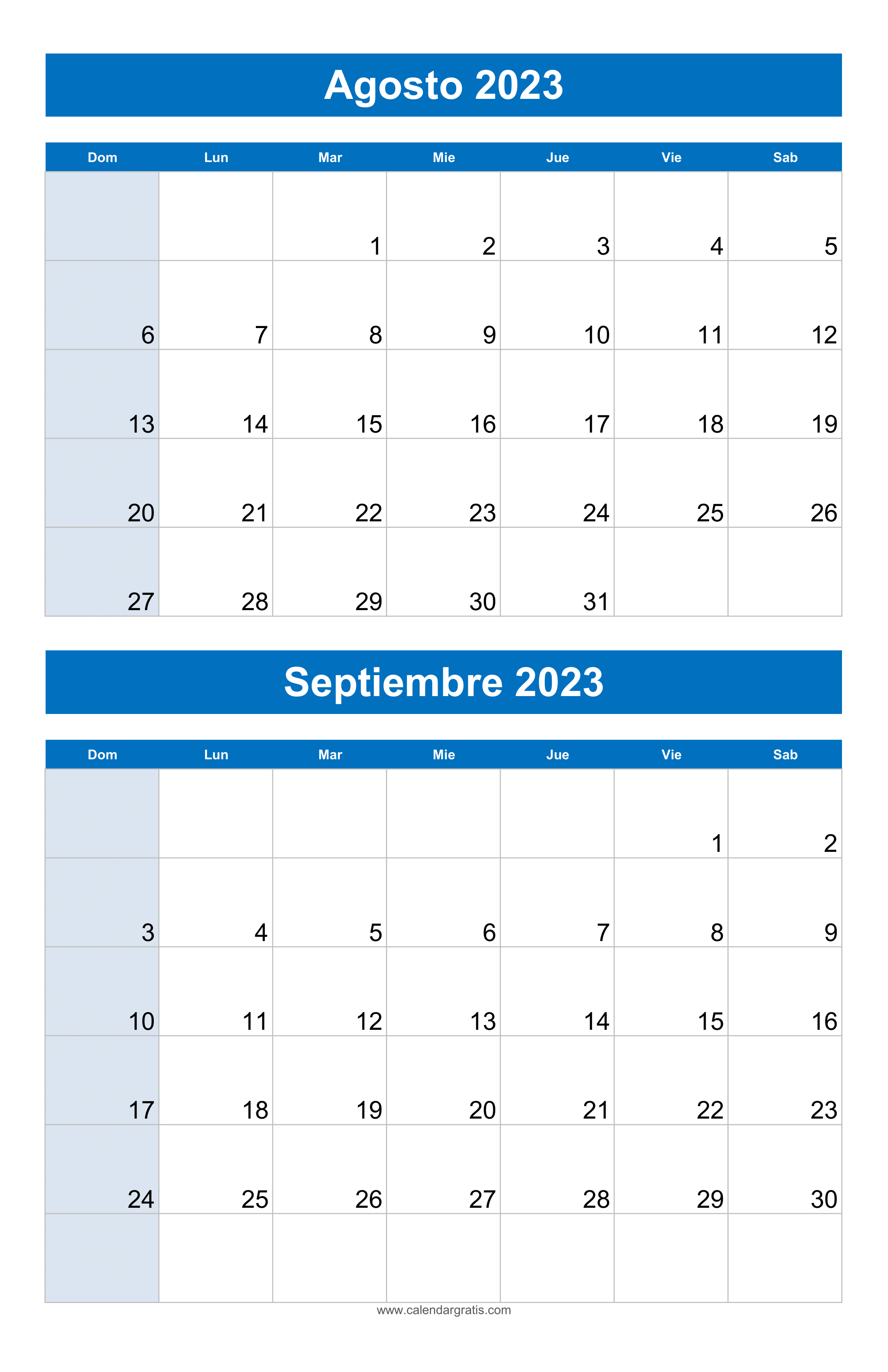Calendario agosto y septiembre del año 2023 meses, con colores brillantes y una fuente fácil de leer