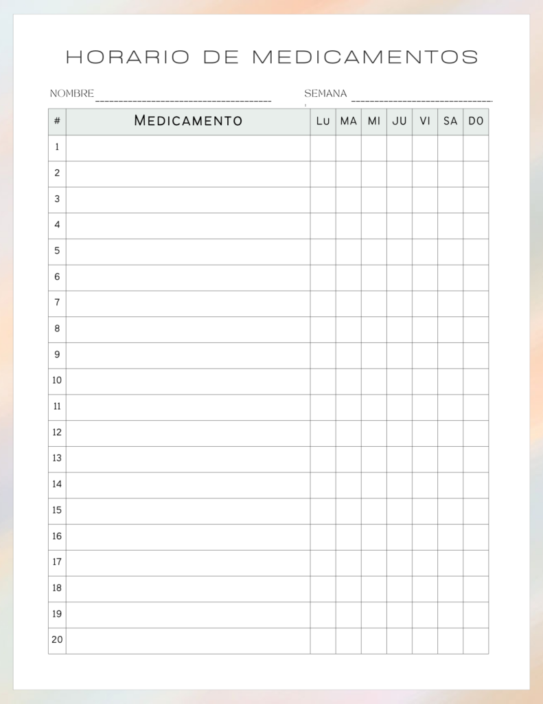 Representación gráfica de un horario de medicamentos, subrayando la importancia de entender la dosis correcta y el tiempo de cada medicamento prescrito.