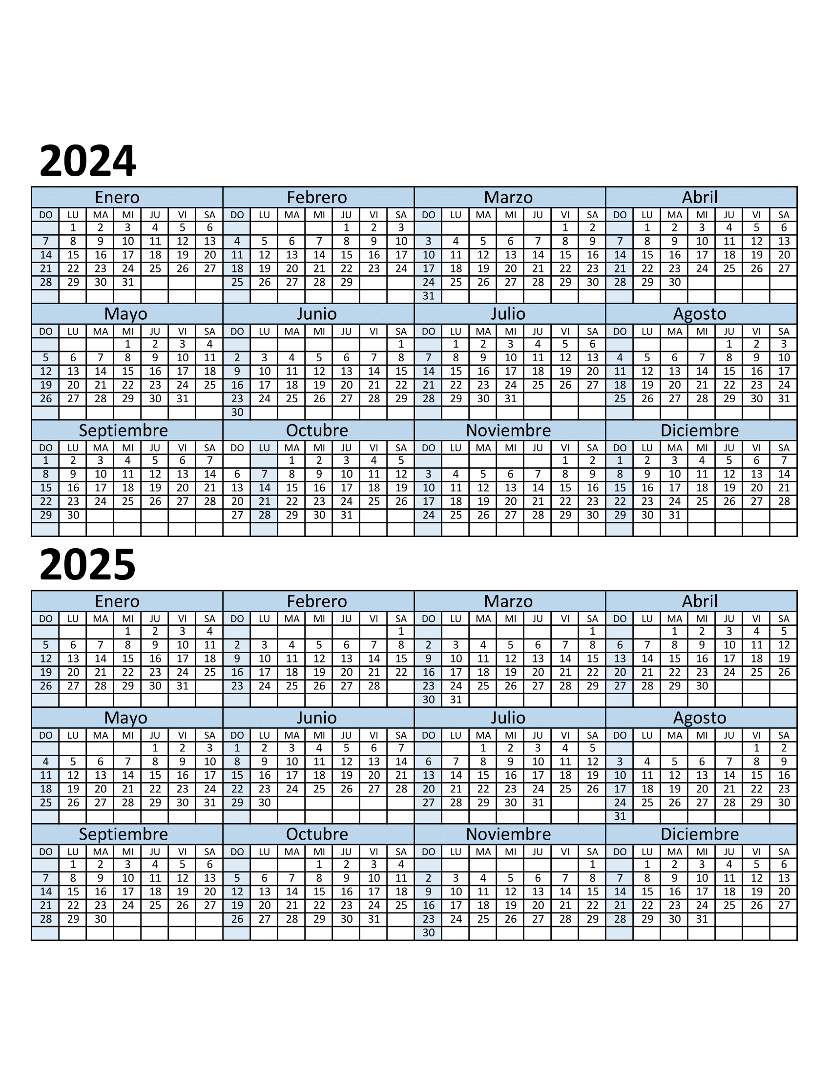 Calendario 2024 y 2025: Plantillas gratuitas de imagen