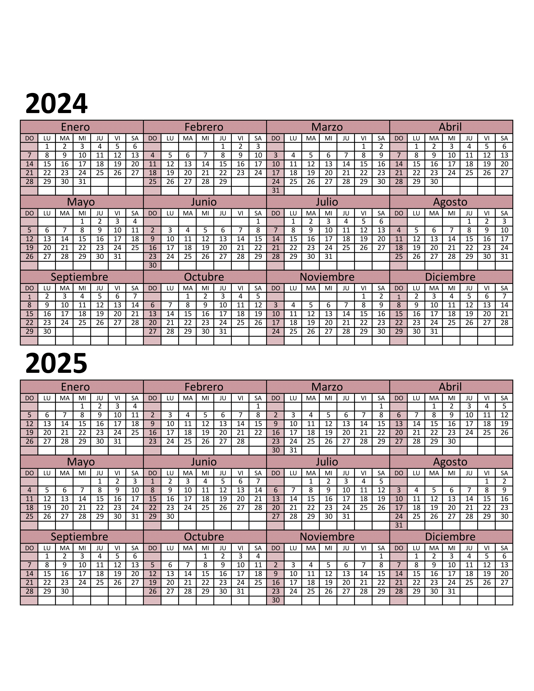 Calendario 2024 y 2025 en imagen