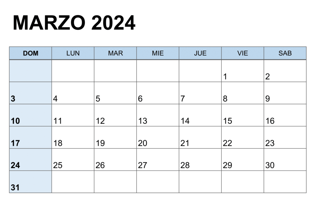 Calendario Marzo 2024 para Imprimir
