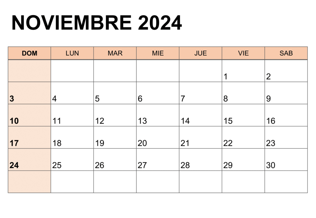 Descripción visual del calendario correspondiente al mes de noviembre de 2024