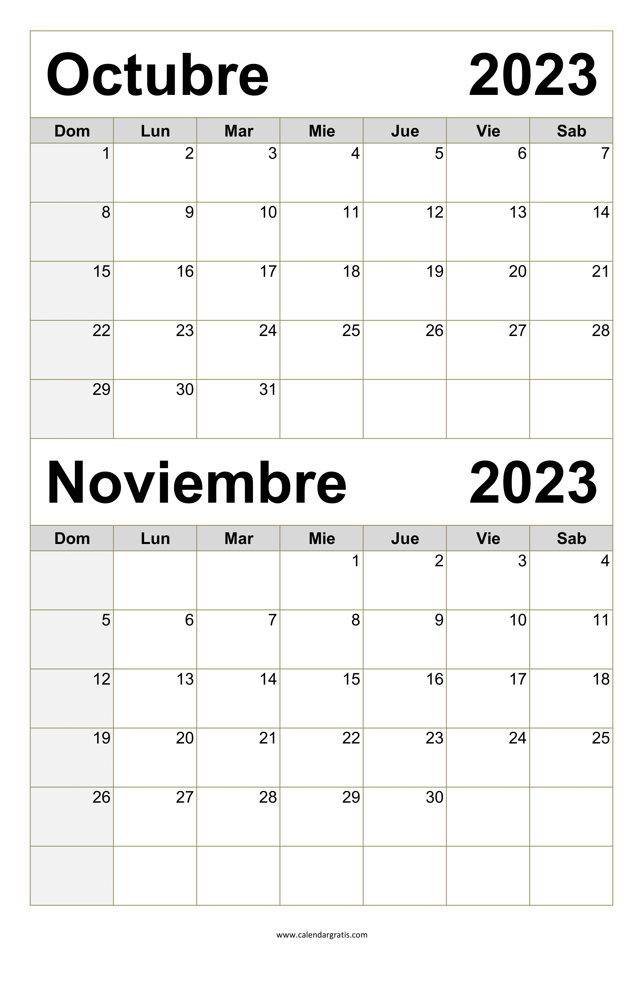 Planificador para los meses de octubre y noviembre 2023