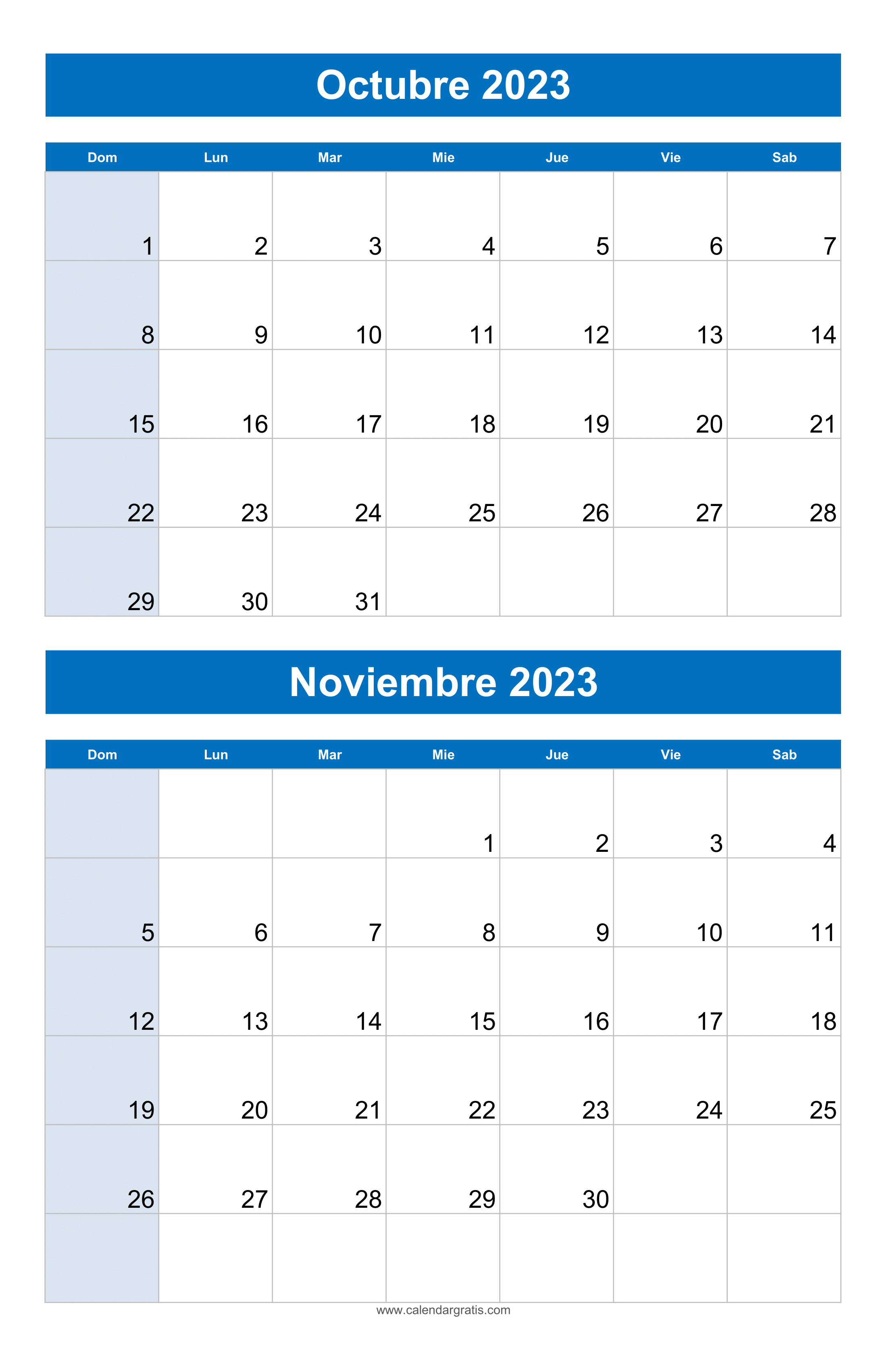 Calendario mensual de octubre y noviembre 2023