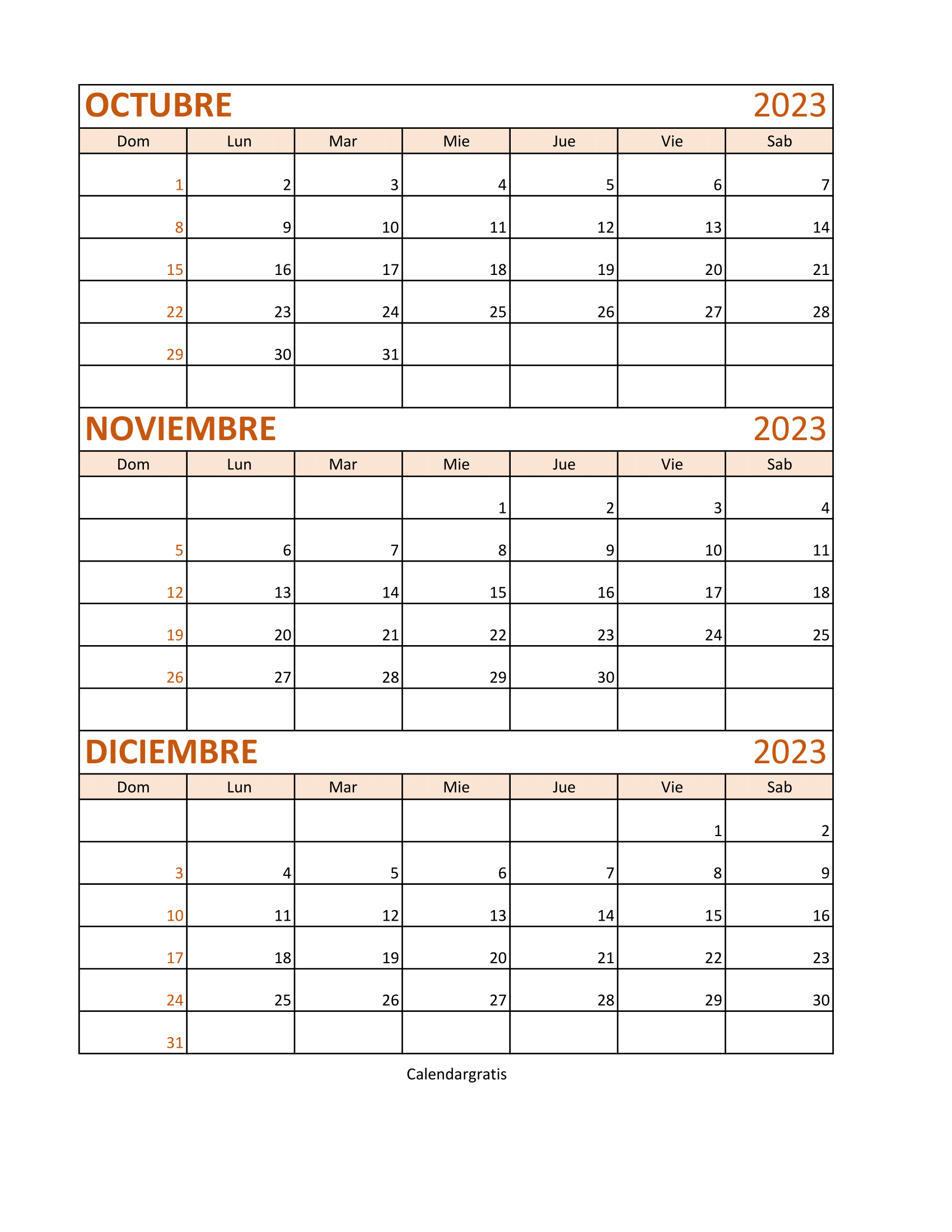 Calendario octubre noviembre diciembre  2023