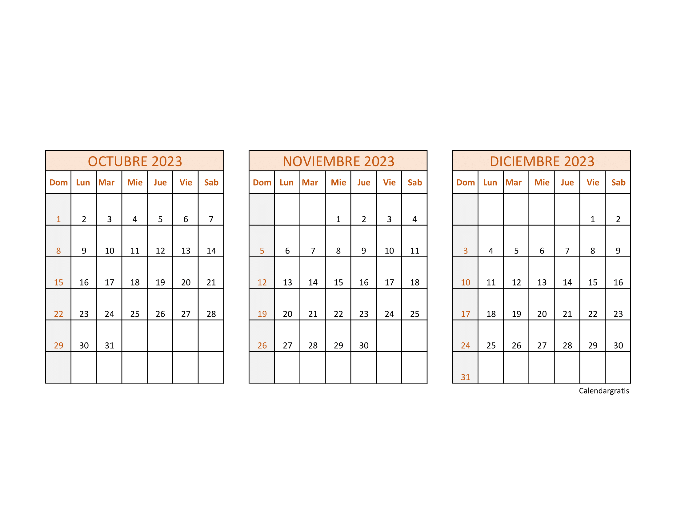 Calendario mensual de octubre, noviembre y diciembre de 2023