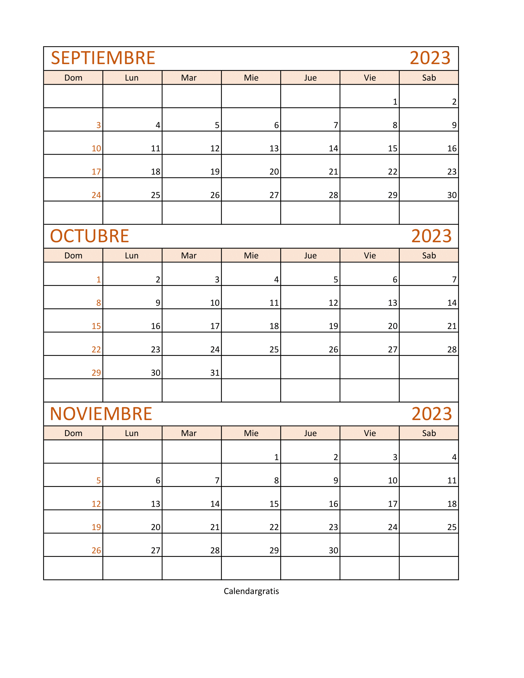 Descargar calendario Septiembre a Noviembre 2023 en formatos de imagen