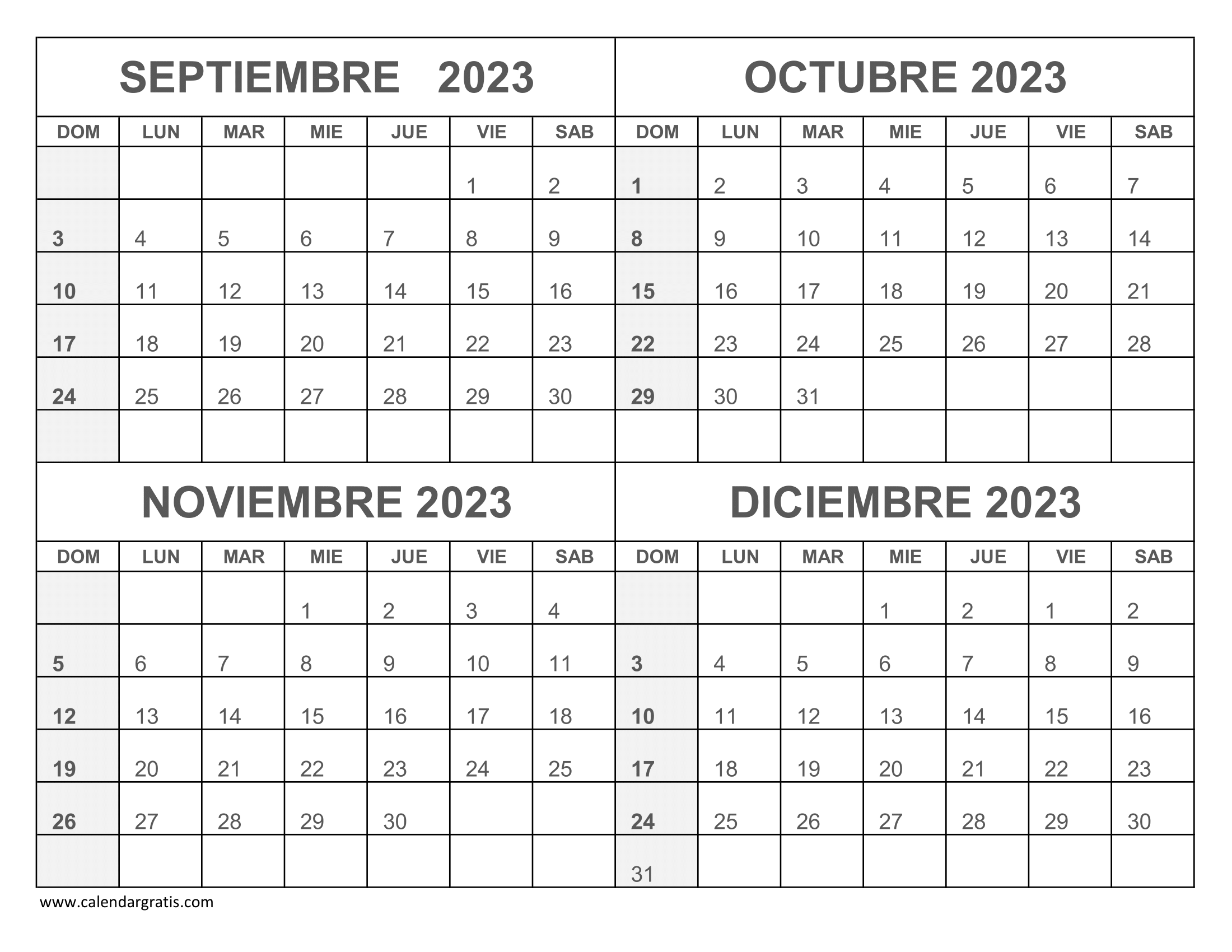 Calendario septiembre octubre noviembre diciembre : Emboguejy gratis