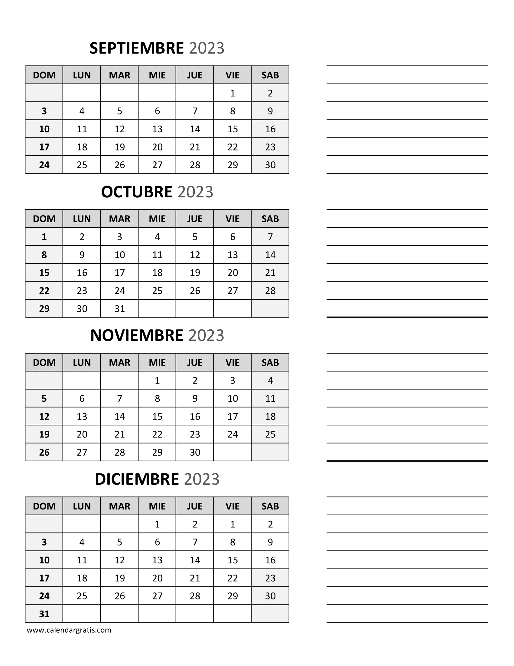 Calendario setiembre guive noviembre peve 2023: Diseños elegantes ha omimbipáva