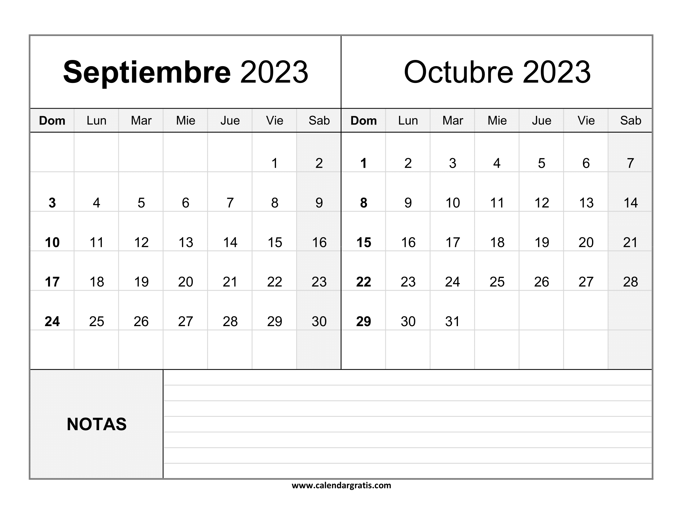 Hoja de papel con el Calendario Septiembre y Octubre 2023