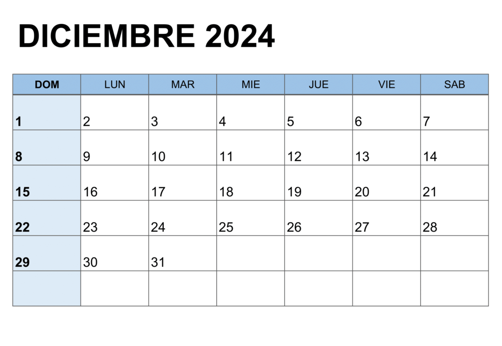 Calendario diciembre 2024 para imprimir