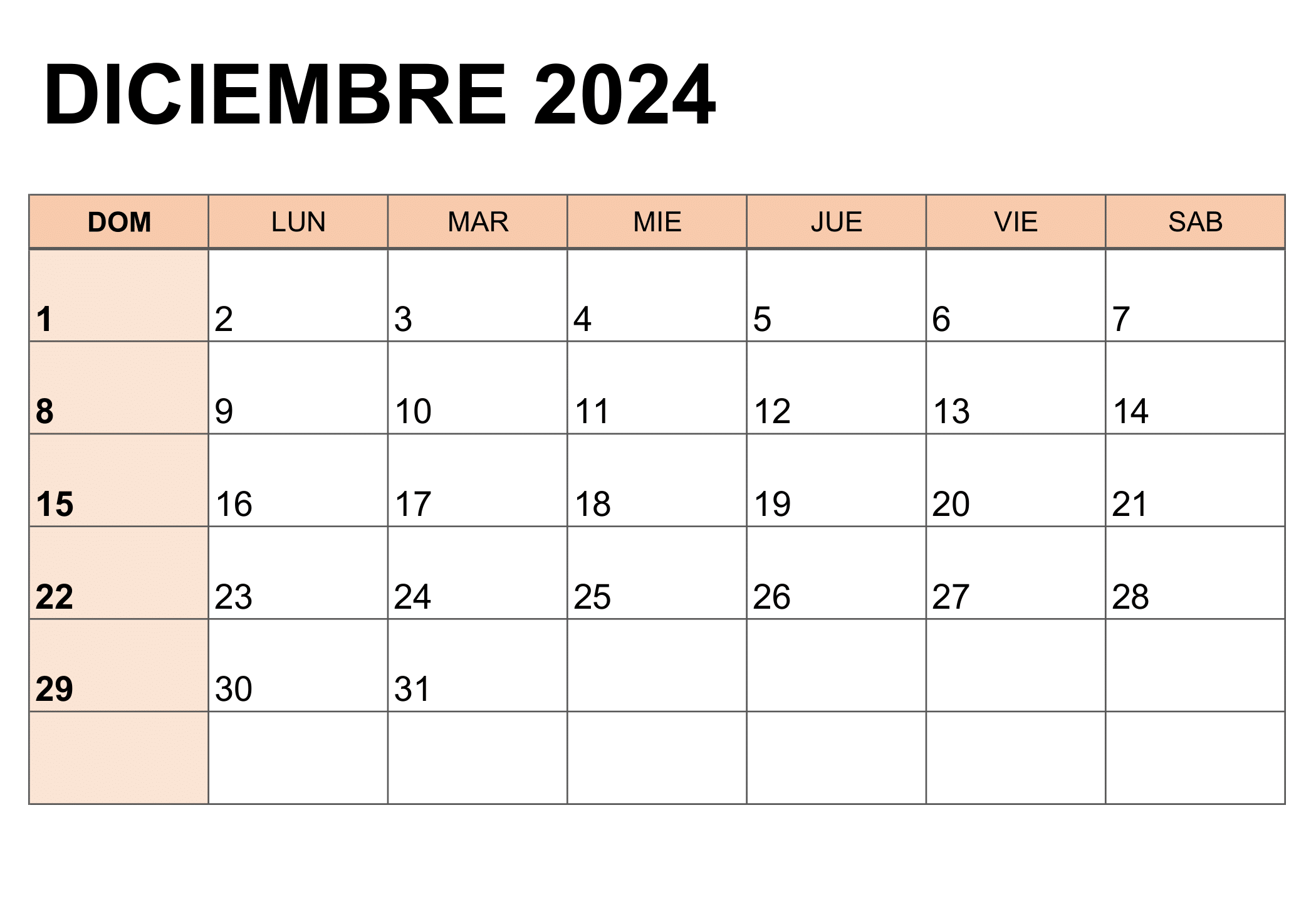 Ilustración del calendario para el mes de deciembre de 2024