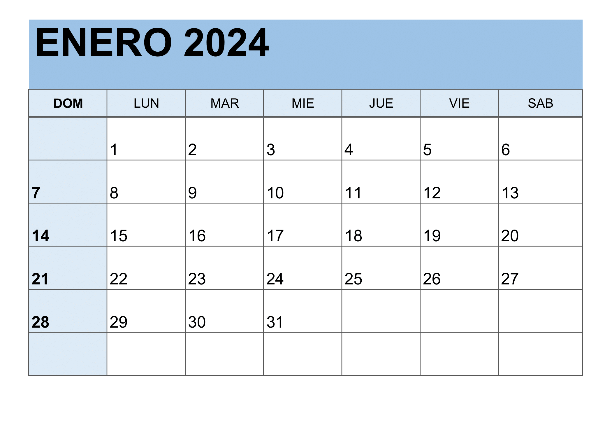 Descarga gratis plantillas de calendario enero 2024