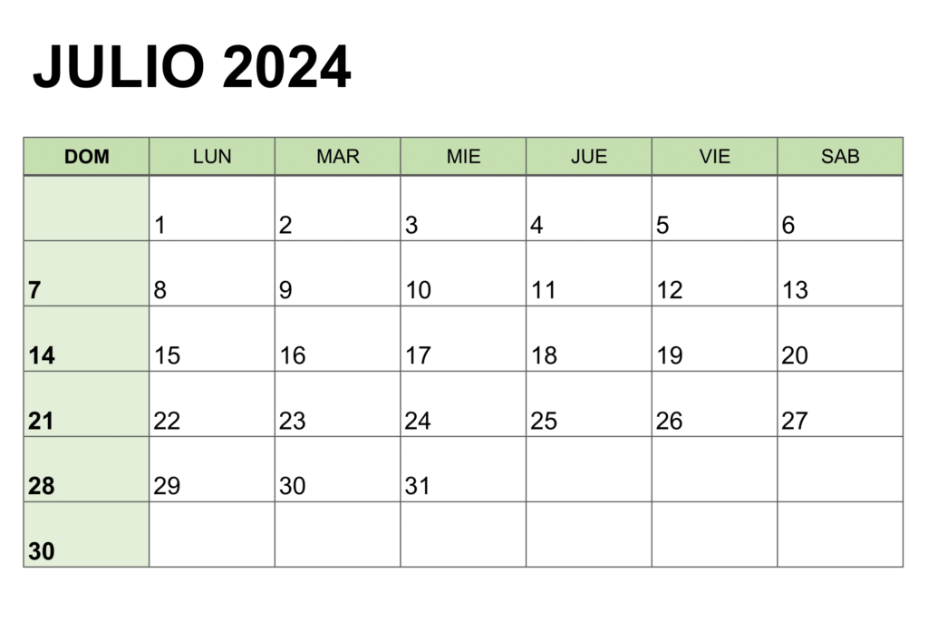 Ilustración del calendario para el mes de julio de 2024