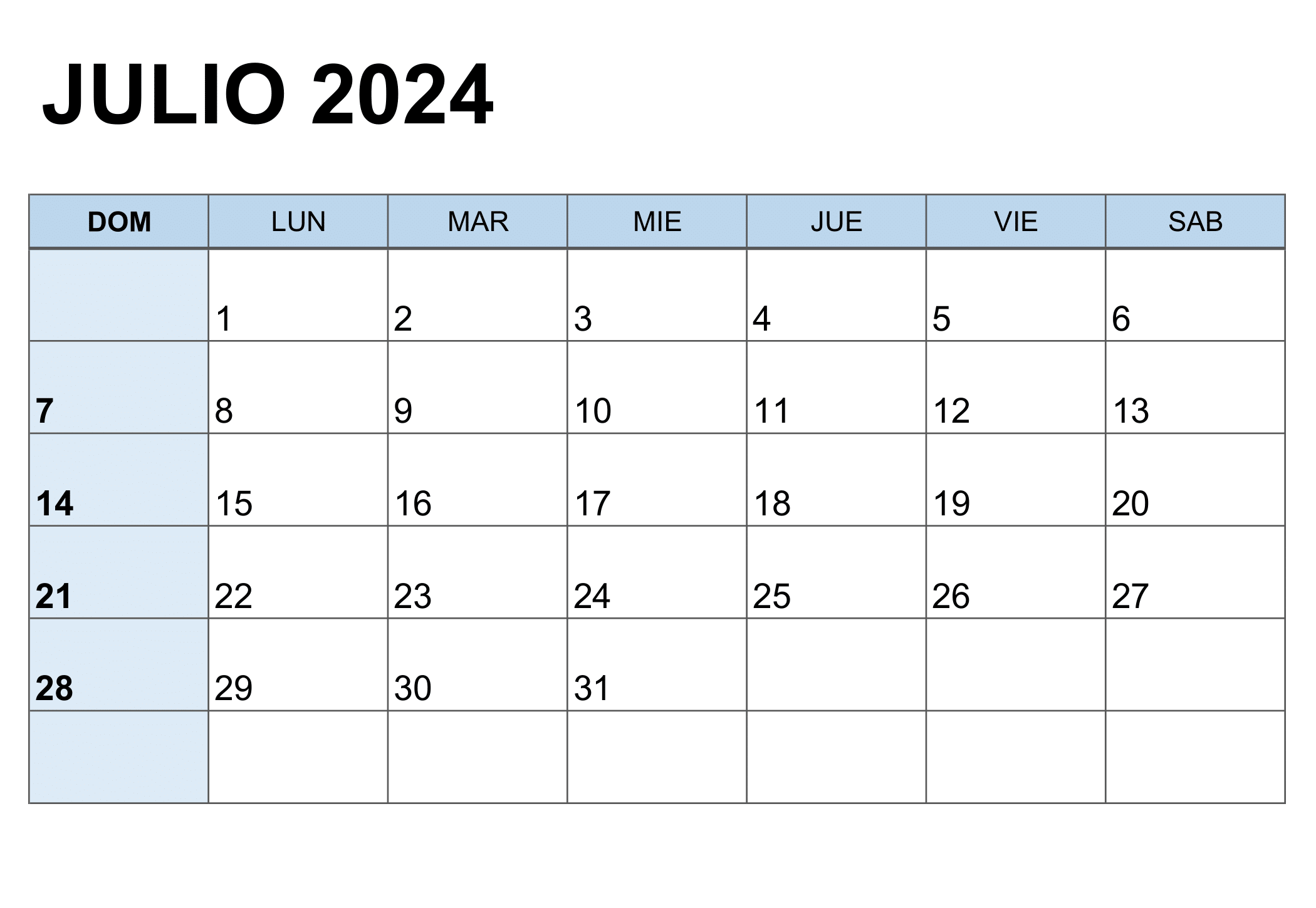 Imagen del calendario de julio de 2024