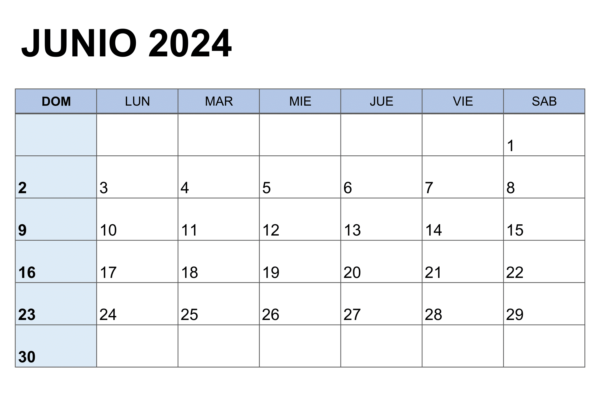 Calendario Junio 2024 para Imprimir