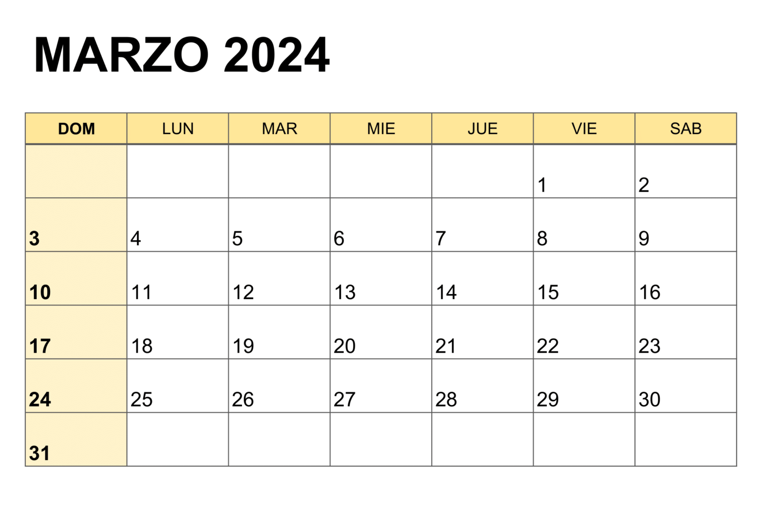 Calendario Marzo 2024 para Imprimir