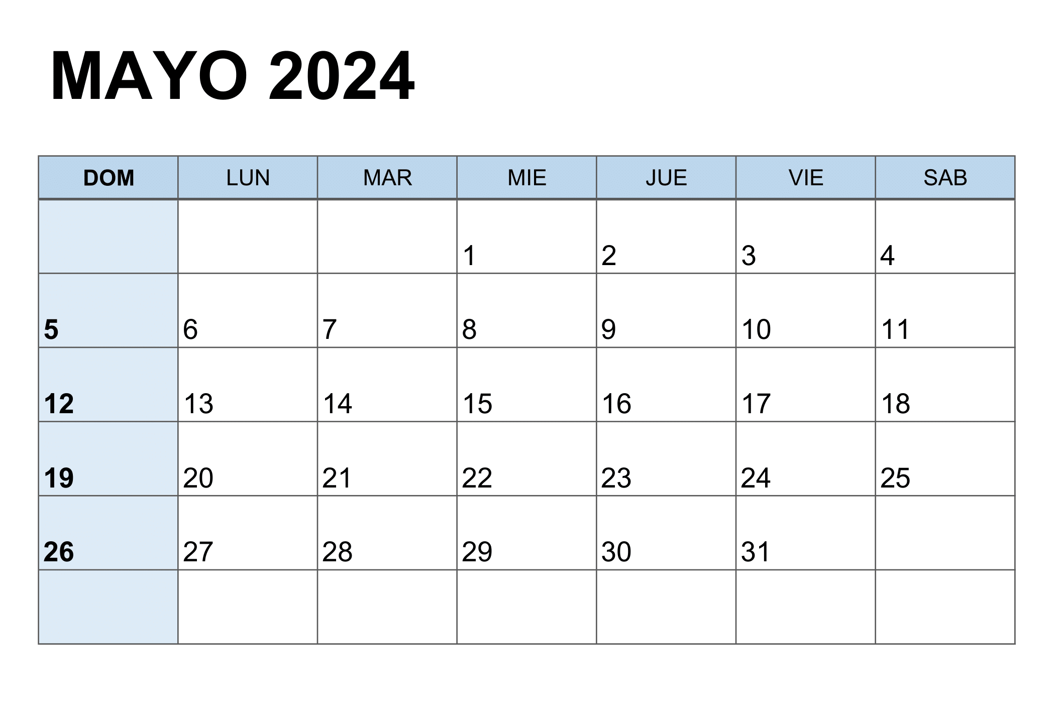 Calendario Mayo 2024 para Imprimir