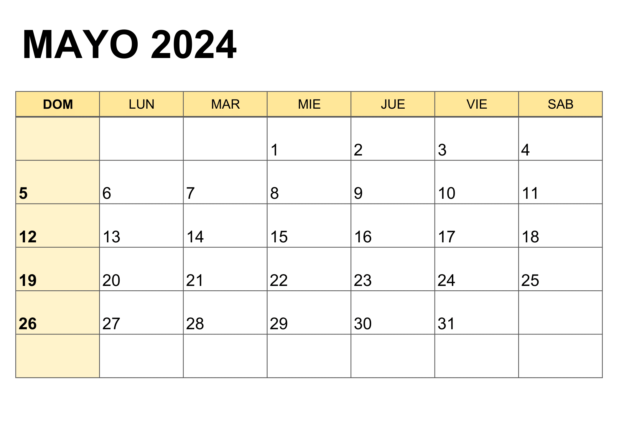 Calendario mayo de 2024 para imprimir