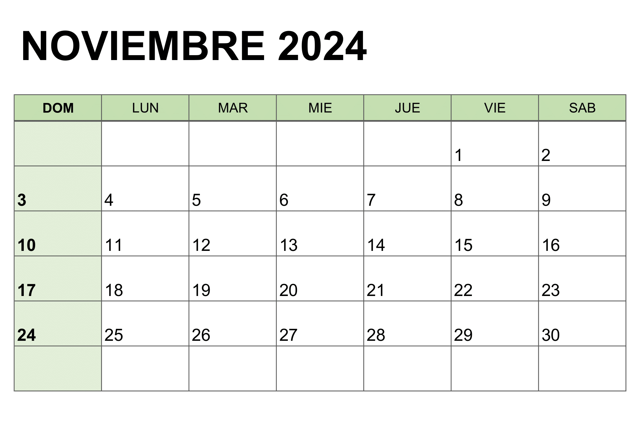 Ilustración del calendario para el mes de noviembre de 2024