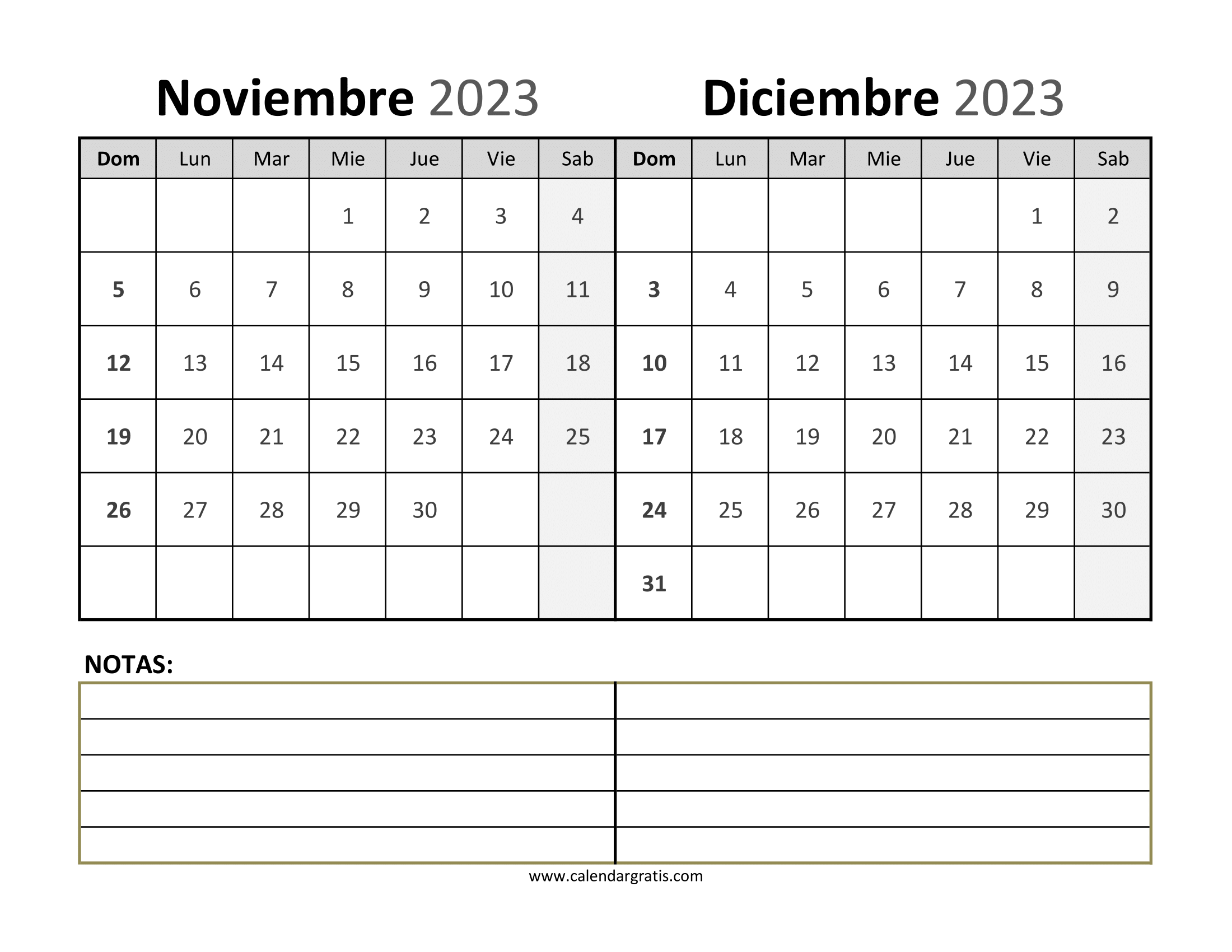 Calendarios y planificadores imprimibles para noviembre y diciembre 2023