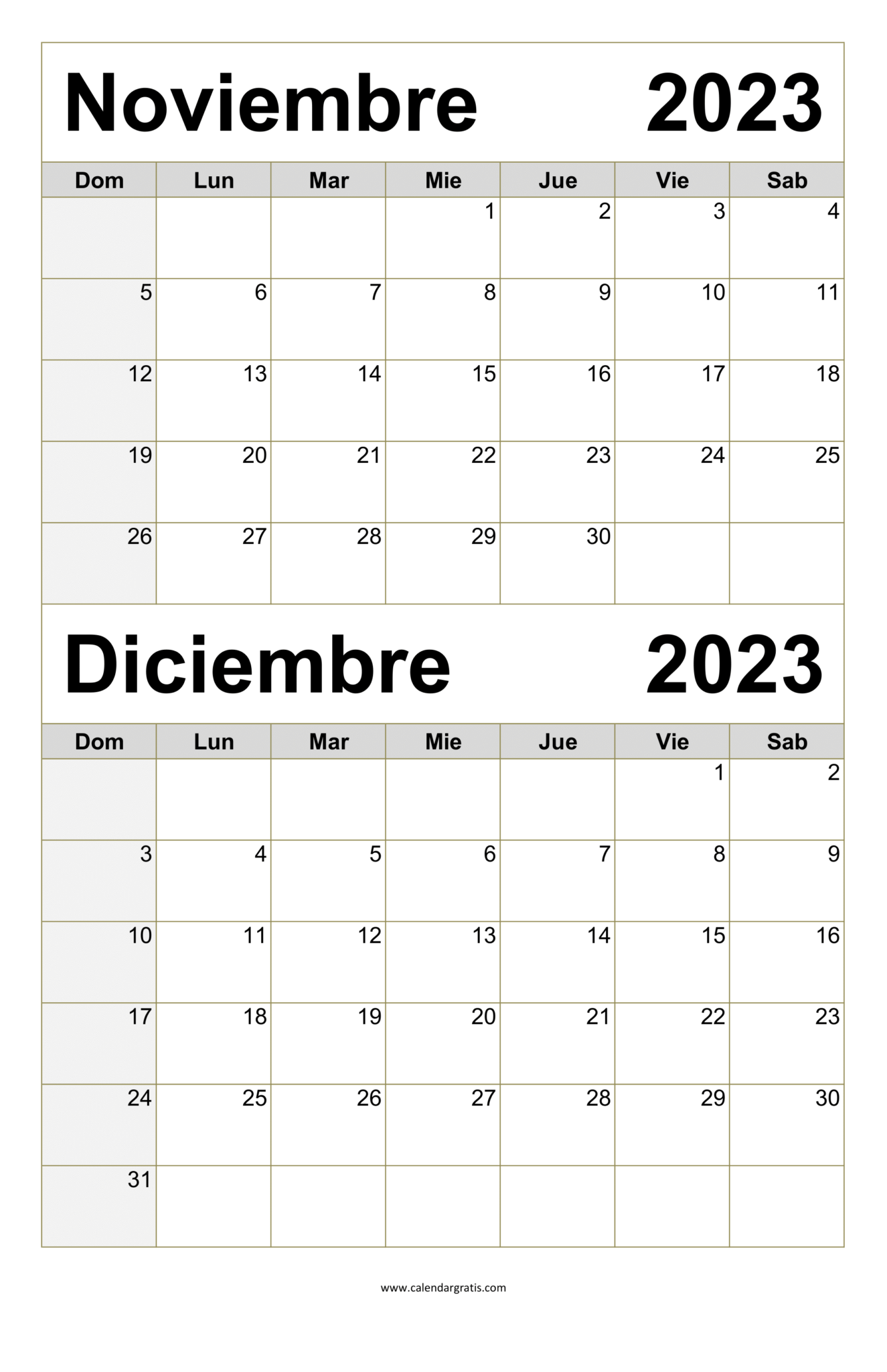 Calendario Noviembre Y Diciembre 2023 Para Imprimir