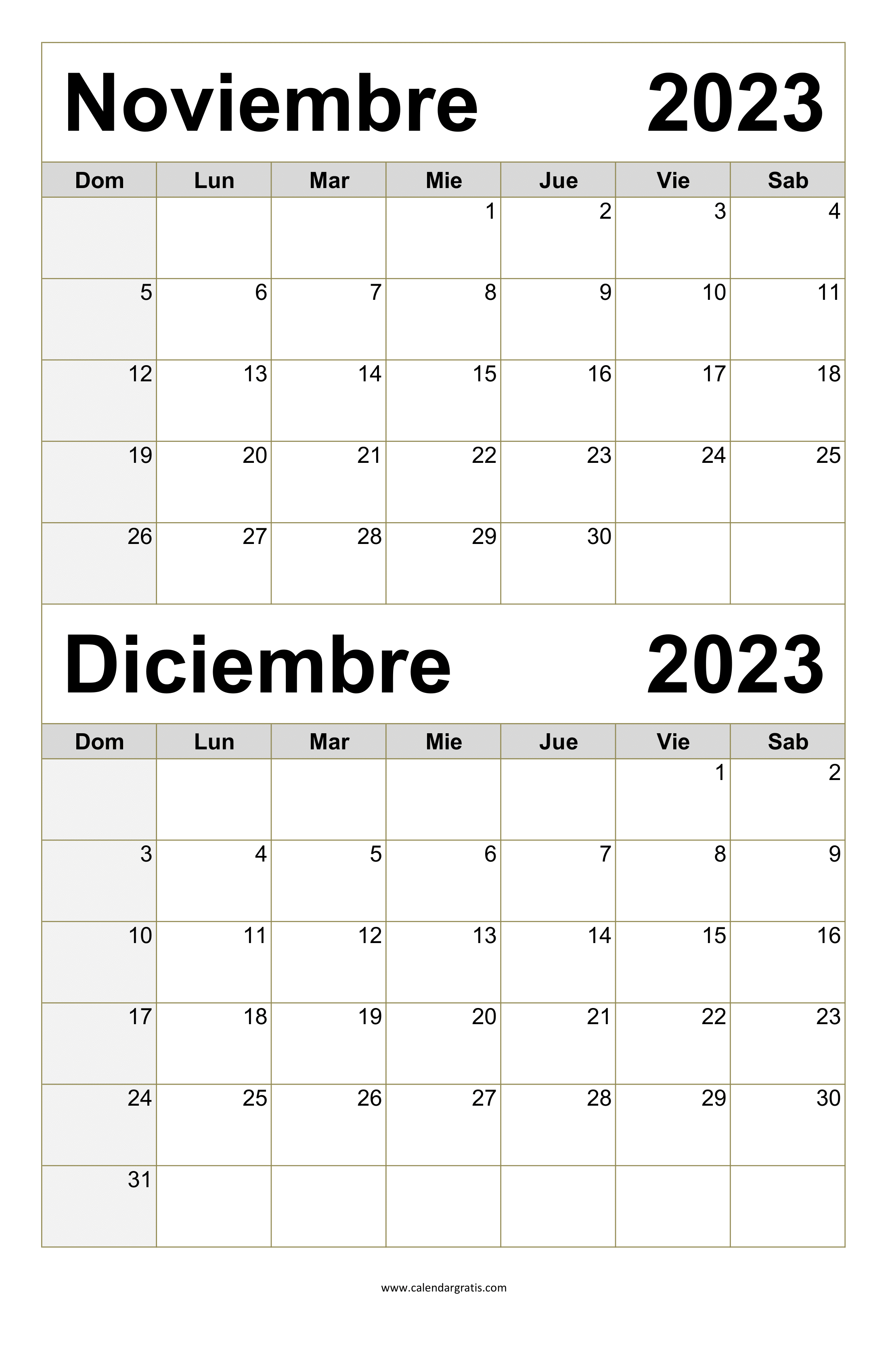 Descarga el calendario noviembre y diciembre 2023 para imprimir